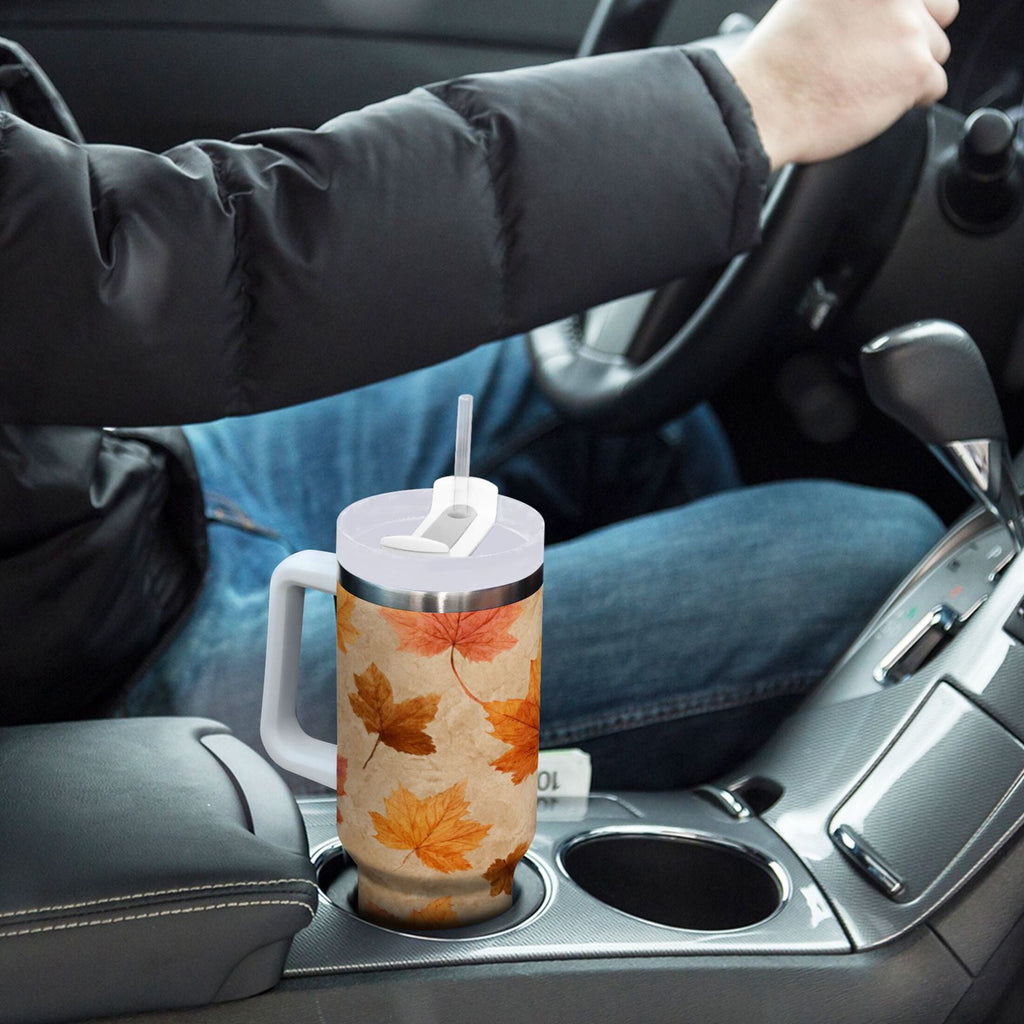 40 oz Insulated Stainless Steel Tumbler Double Wall Stainless Steel Tumbler with 2-Way Drinking Orange Autumn Leaves Pattern - 6ELM