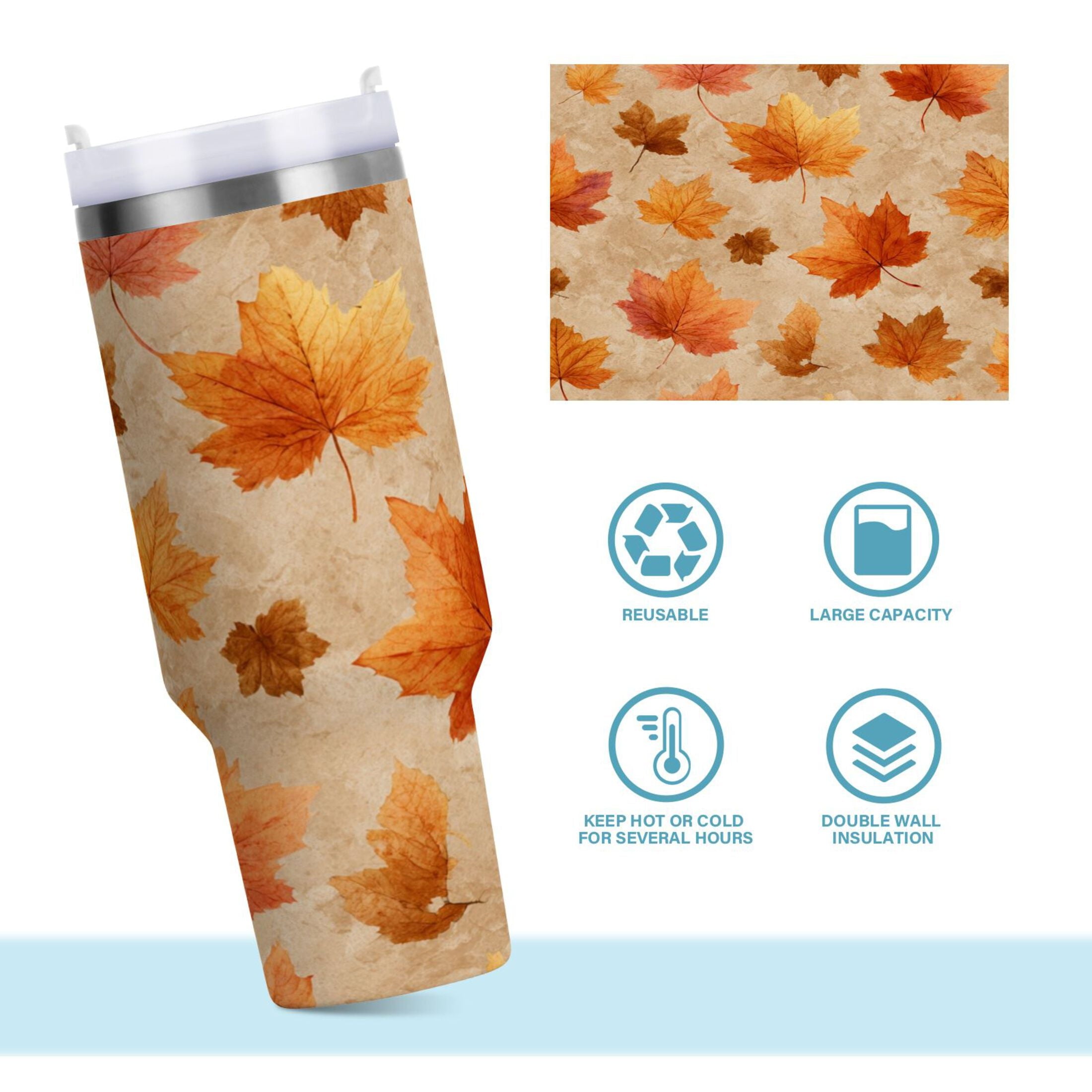 40 oz Insulated Stainless Steel Tumbler Double Wall Stainless Steel Tumbler with 2-Way Drinking Orange Autumn Leaves Pattern - 6ELM