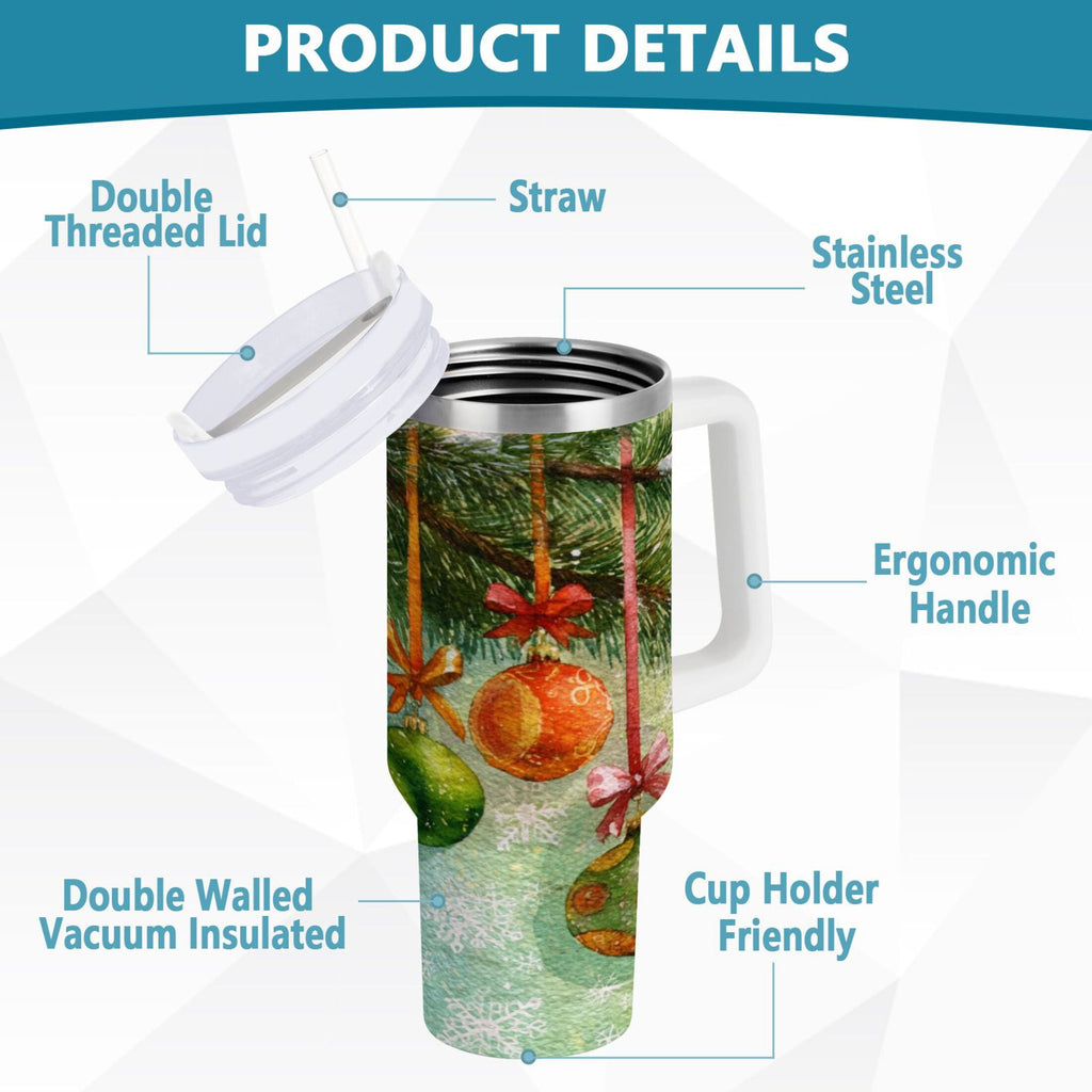 30 oz Insulated Stainless Steel Tumbler Double Wall Stainless Steel Tumbler with 2-Way Drinking Christmas Ornaments Watercolor Painting - IN1Q