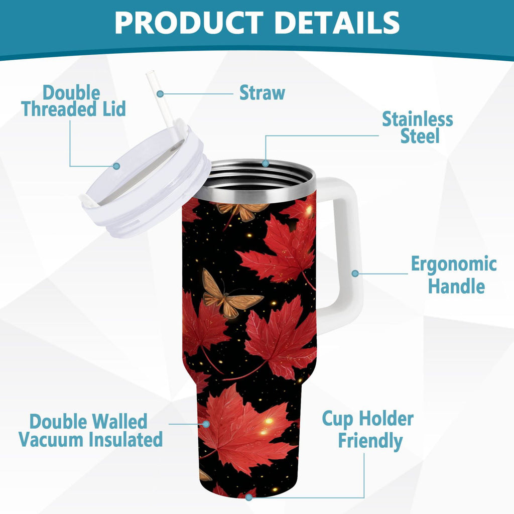 40 oz Insulated Stainless Steel Tumbler Double Wall Stainless Steel Tumbler with 2-Way Drinking Maple Leaves and Fireflies - Y38I