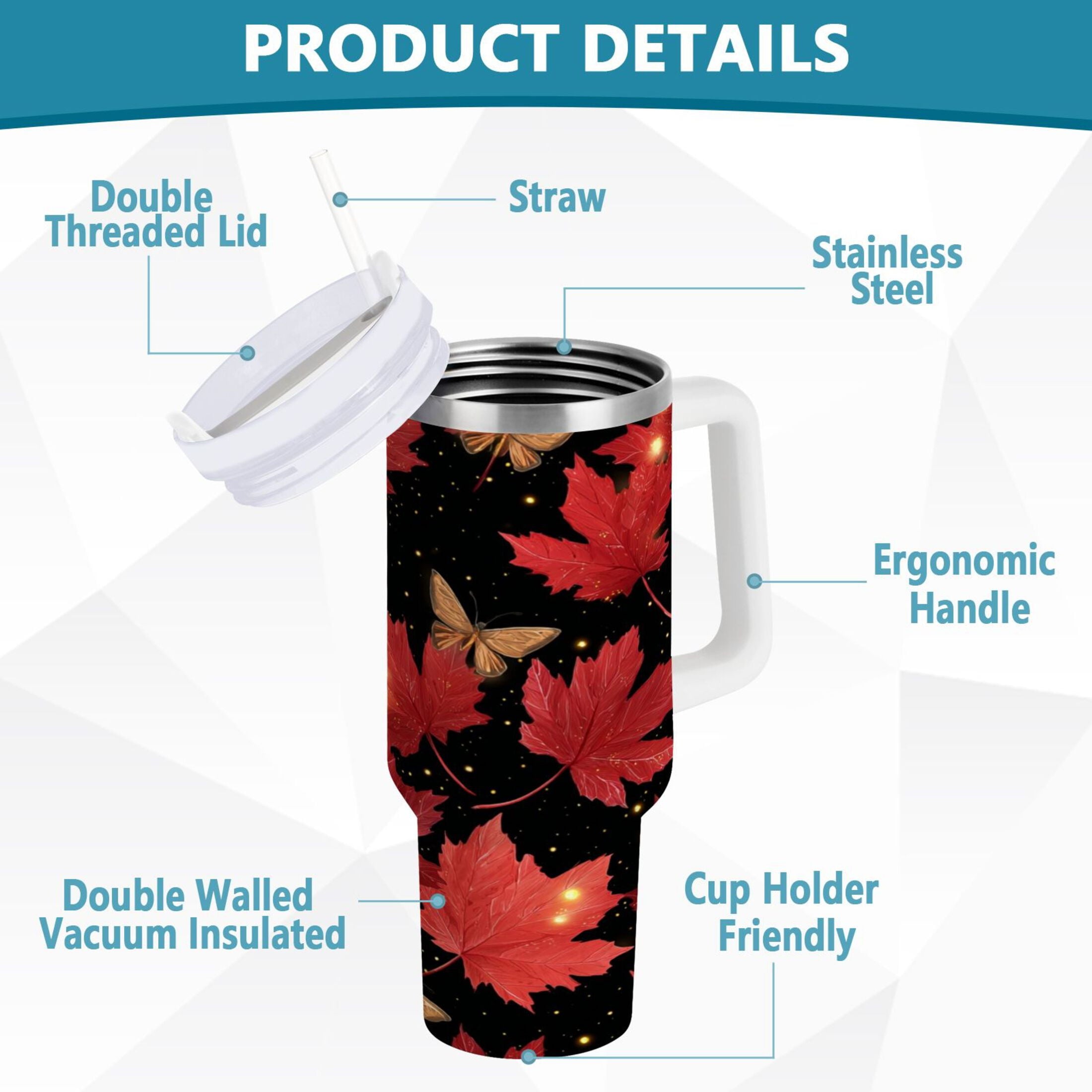 40 oz Insulated Stainless Steel Tumbler Double Wall Stainless Steel Tumbler with 2-Way Drinking Maple Leaves and Fireflies - Y38I