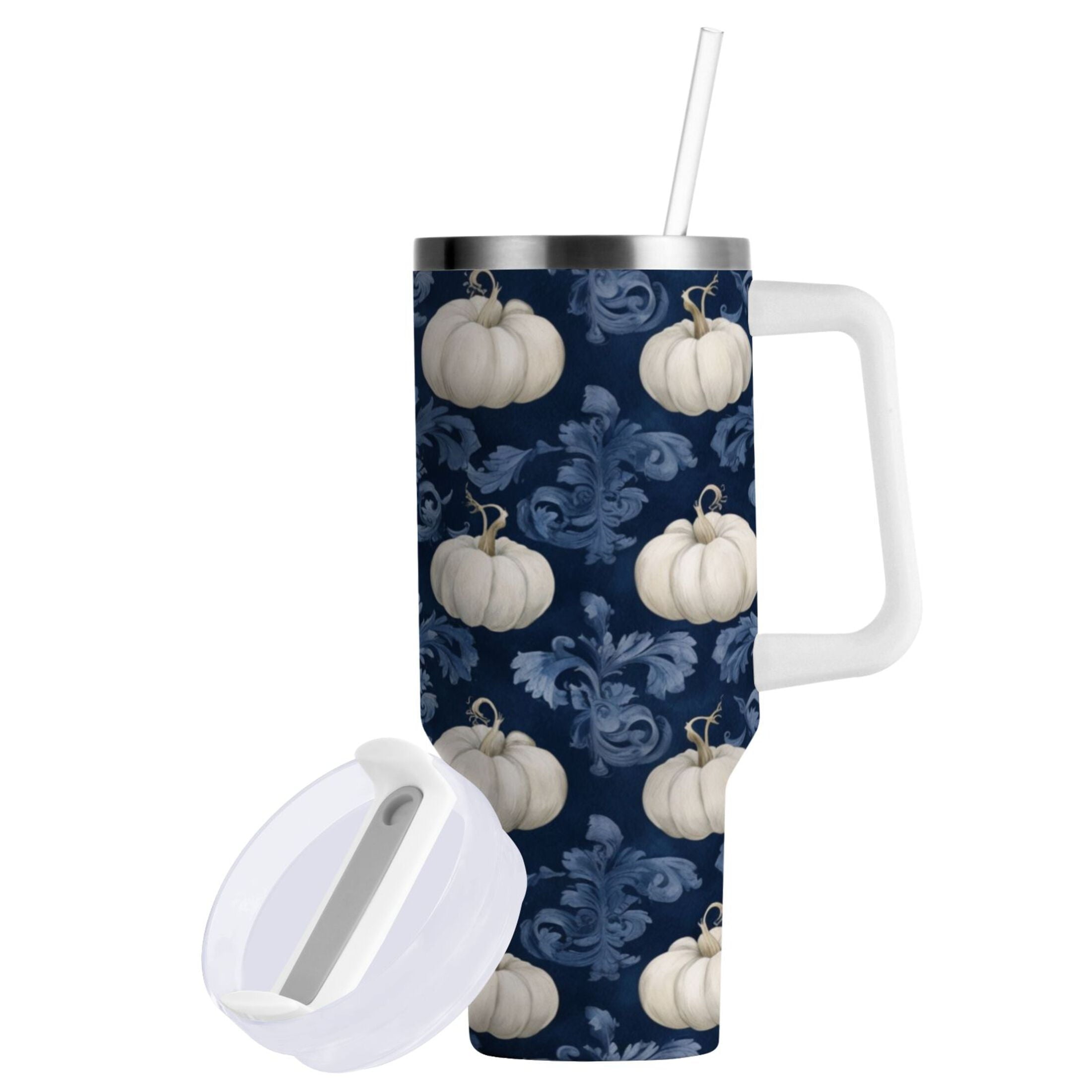 30 oz Insulated Stainless Steel Tumbler Double Wall Stainless Steel Tumbler with 2-Way Drinking Watercolor White Pumpkins - 35U1