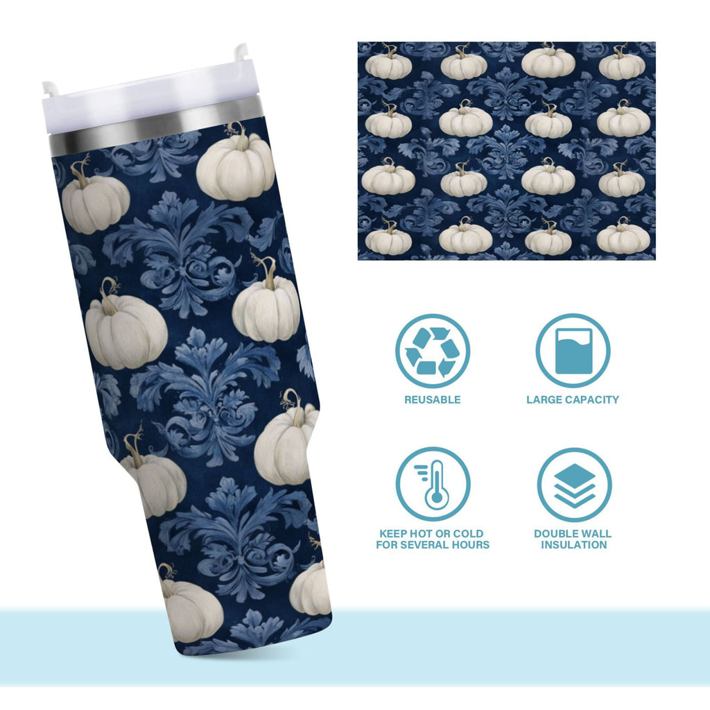 30 oz Insulated Stainless Steel Tumbler Double Wall Stainless Steel Tumbler with 2-Way Drinking Watercolor White Pumpkins - 35U1