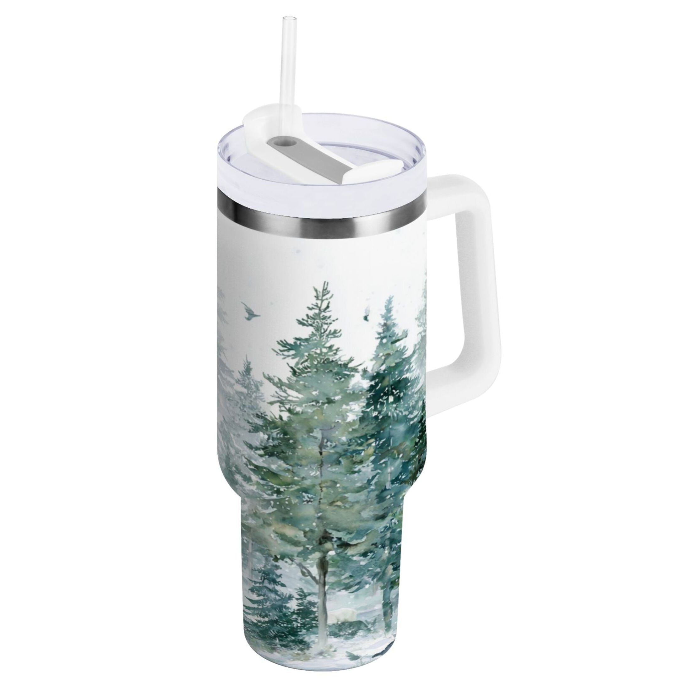 30 oz Insulated Stainless Steel Tumbler Double Wall Stainless Steel Tumbler with 2-Way Drinking Green Snowy Forest Scene - HGFW