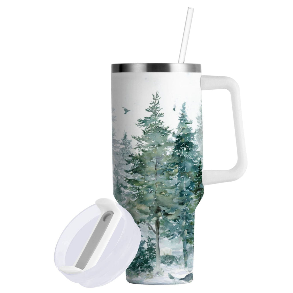 30 oz Insulated Stainless Steel Tumbler Double Wall Stainless Steel Tumbler with 2-Way Drinking Green Snowy Forest Scene - HGFW