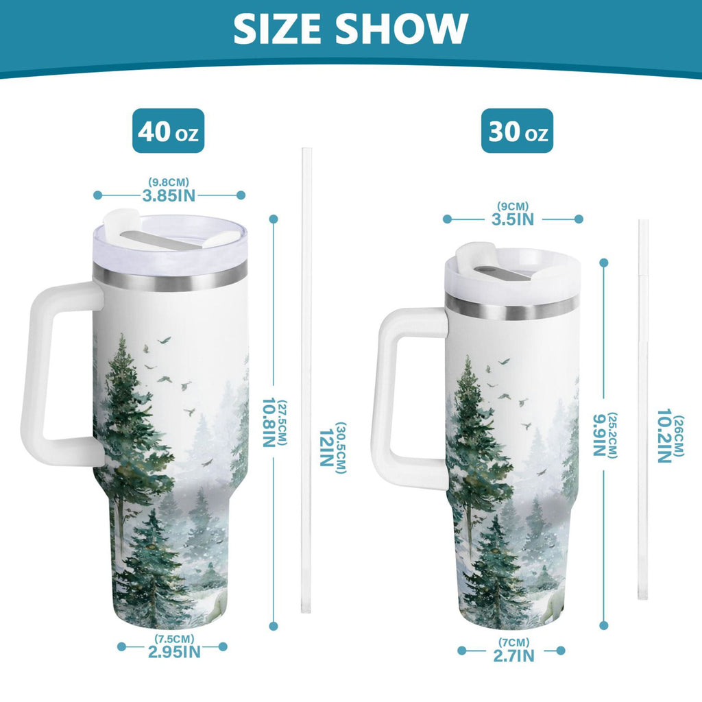 30 oz Insulated Stainless Steel Tumbler Double Wall Stainless Steel Tumbler with 2-Way Drinking Green Snowy Forest Scene - HGFW