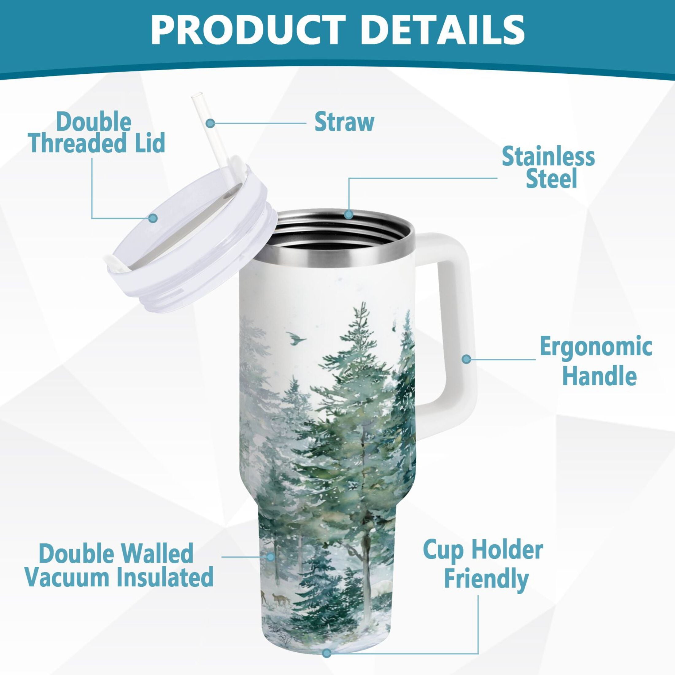 30 oz Insulated Stainless Steel Tumbler Double Wall Stainless Steel Tumbler with 2-Way Drinking Green Snowy Forest Scene - HGFW