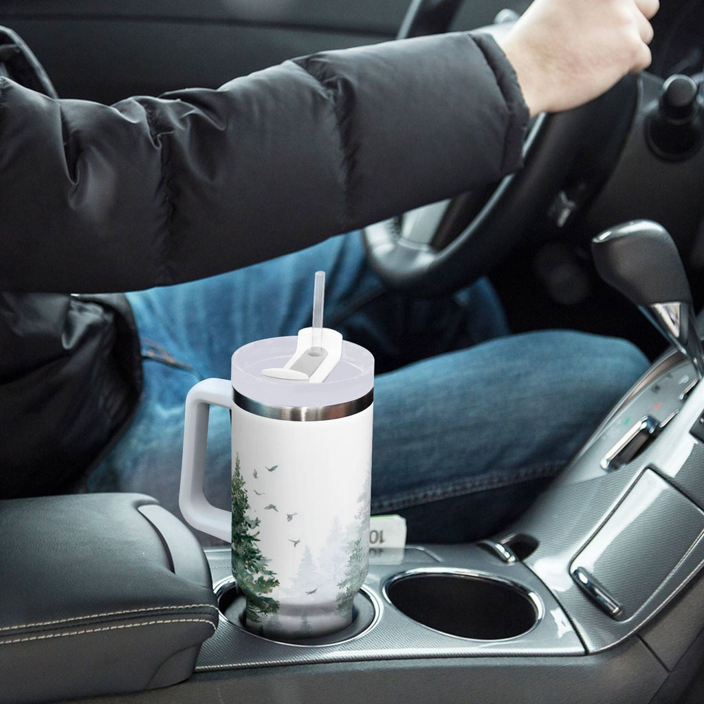 30 oz Insulated Stainless Steel Tumbler Double Wall Stainless Steel Tumbler with 2-Way Drinking Green Snowy Forest Scene - HGFW