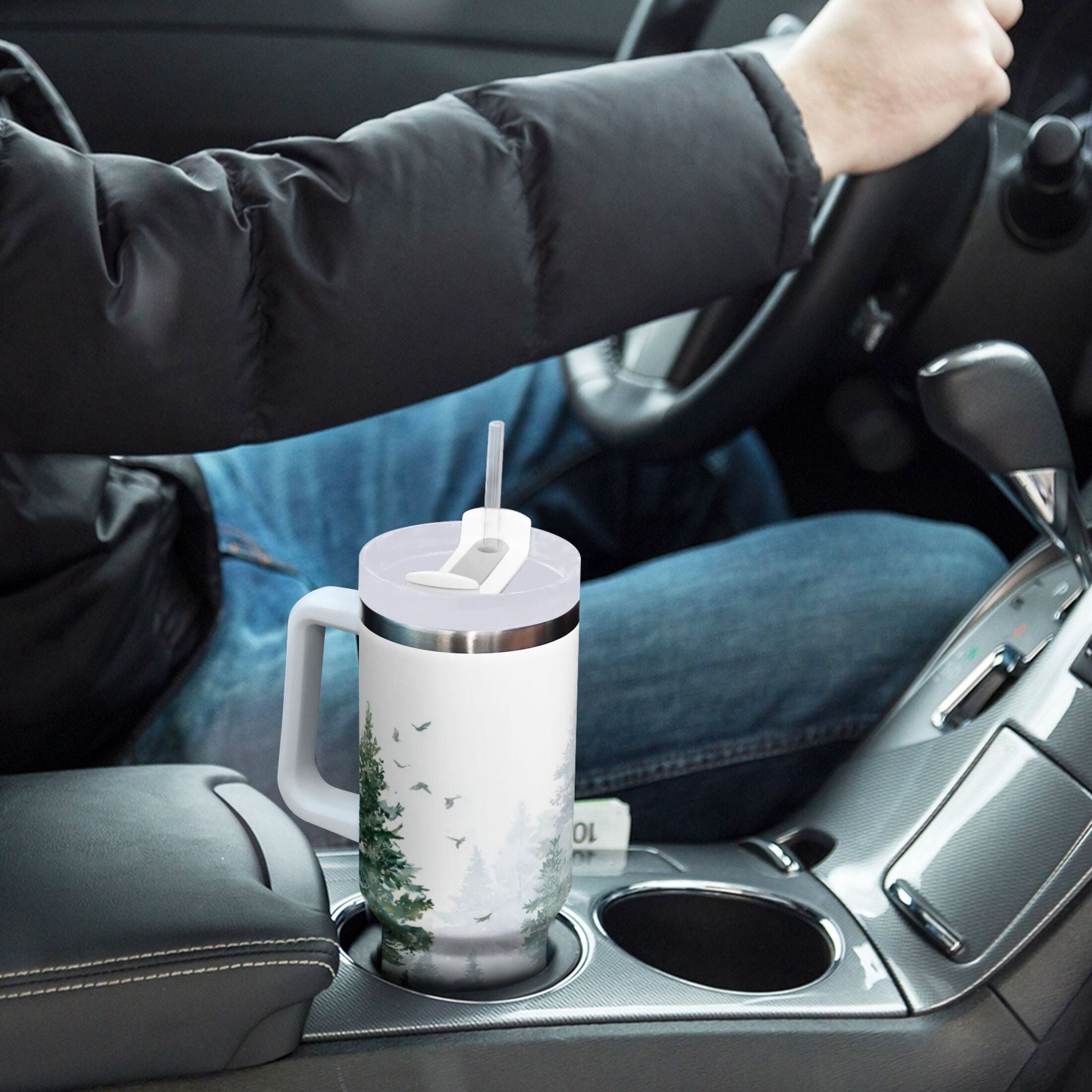 30 oz Insulated Stainless Steel Tumbler Double Wall Stainless Steel Tumbler with 2-Way Drinking Green Snowy Forest Scene - HGFW