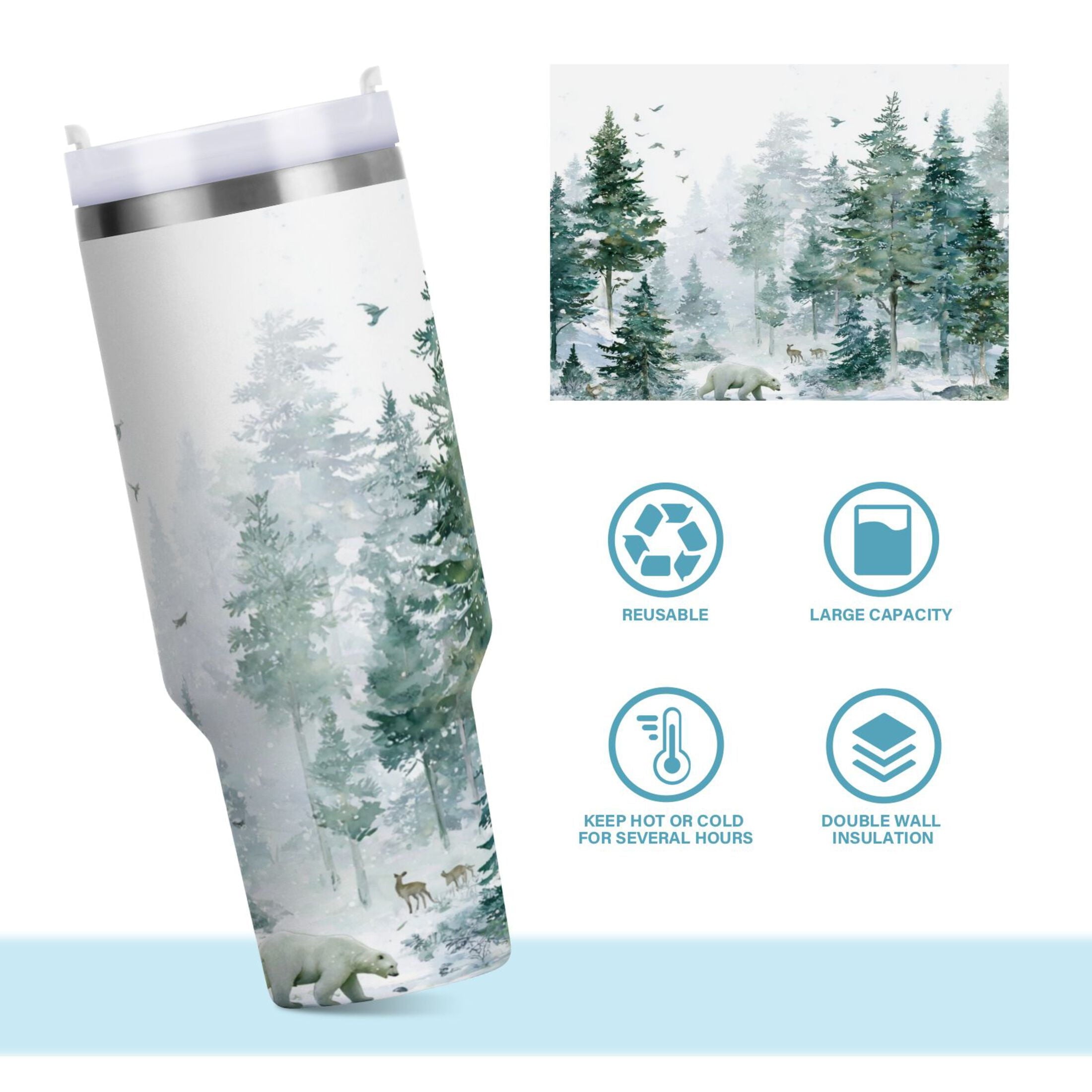 30 oz Insulated Stainless Steel Tumbler Double Wall Stainless Steel Tumbler with 2-Way Drinking Green Snowy Forest Scene - HGFW