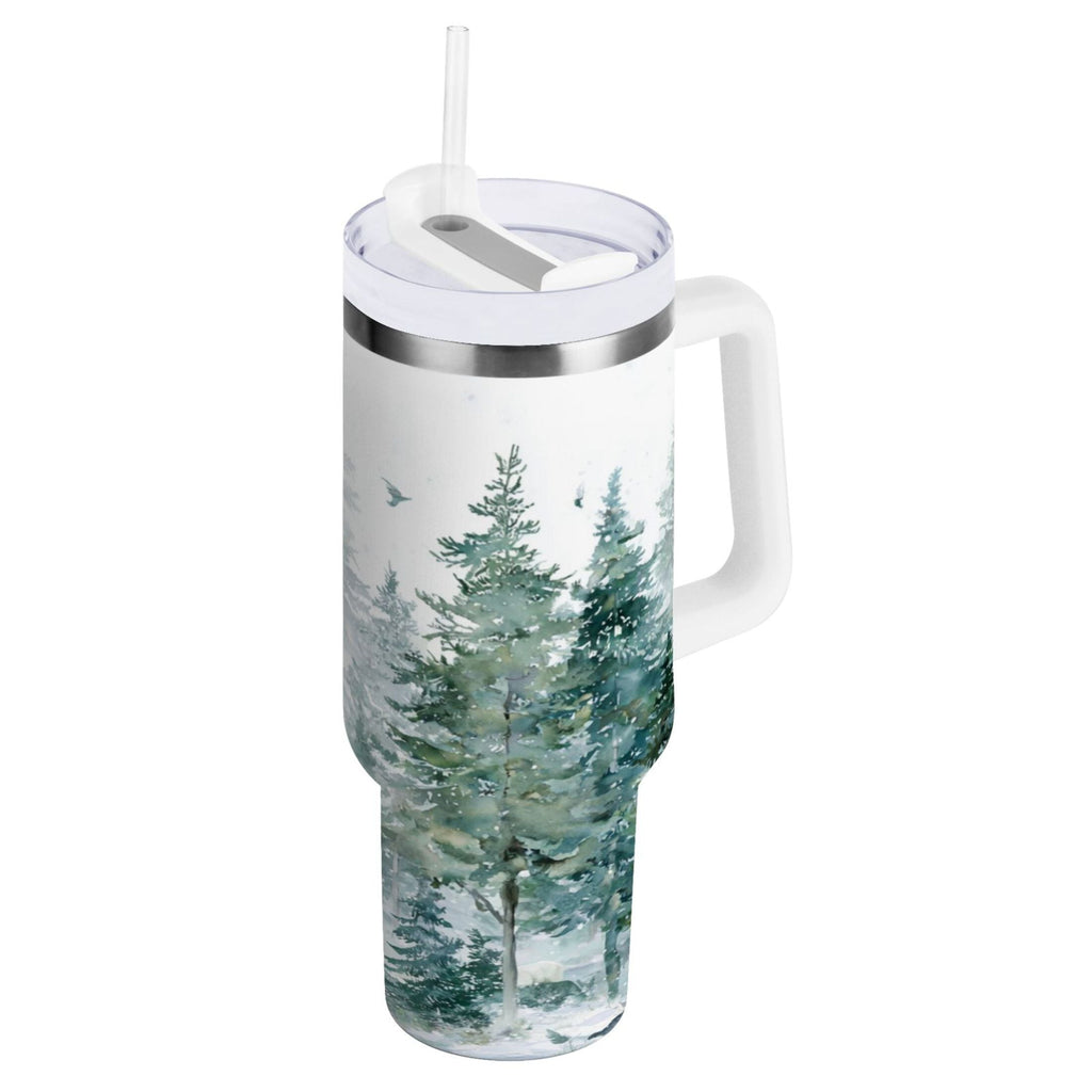 30 oz Insulated Stainless Steel Tumbler Double Wall Stainless Steel Tumbler with 2-Way Drinking Green Snowy Forest Scene - HGFW