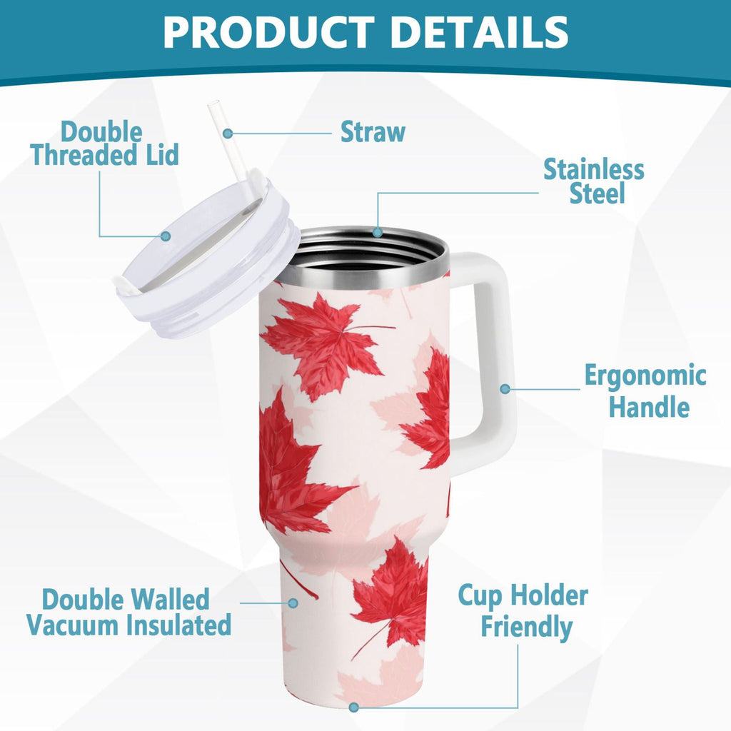 40 oz Insulated Stainless Steel Tumbler Double Wall Stainless Steel Tumbler with 2-Way Drinking Red Maple Leaves Pattern - PS4W