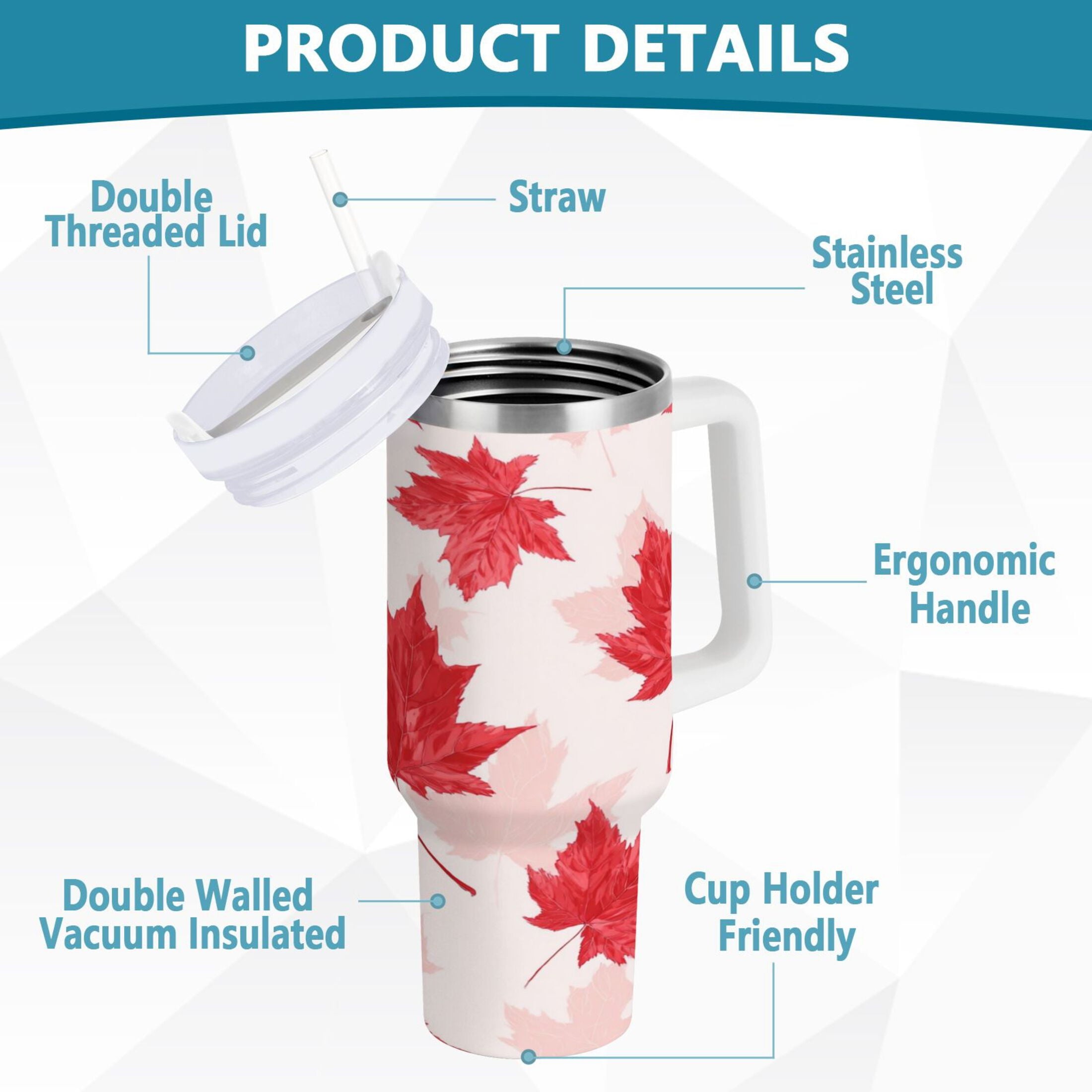 40 oz Insulated Stainless Steel Tumbler Double Wall Stainless Steel Tumbler with 2-Way Drinking Red Maple Leaves Pattern - PS4W