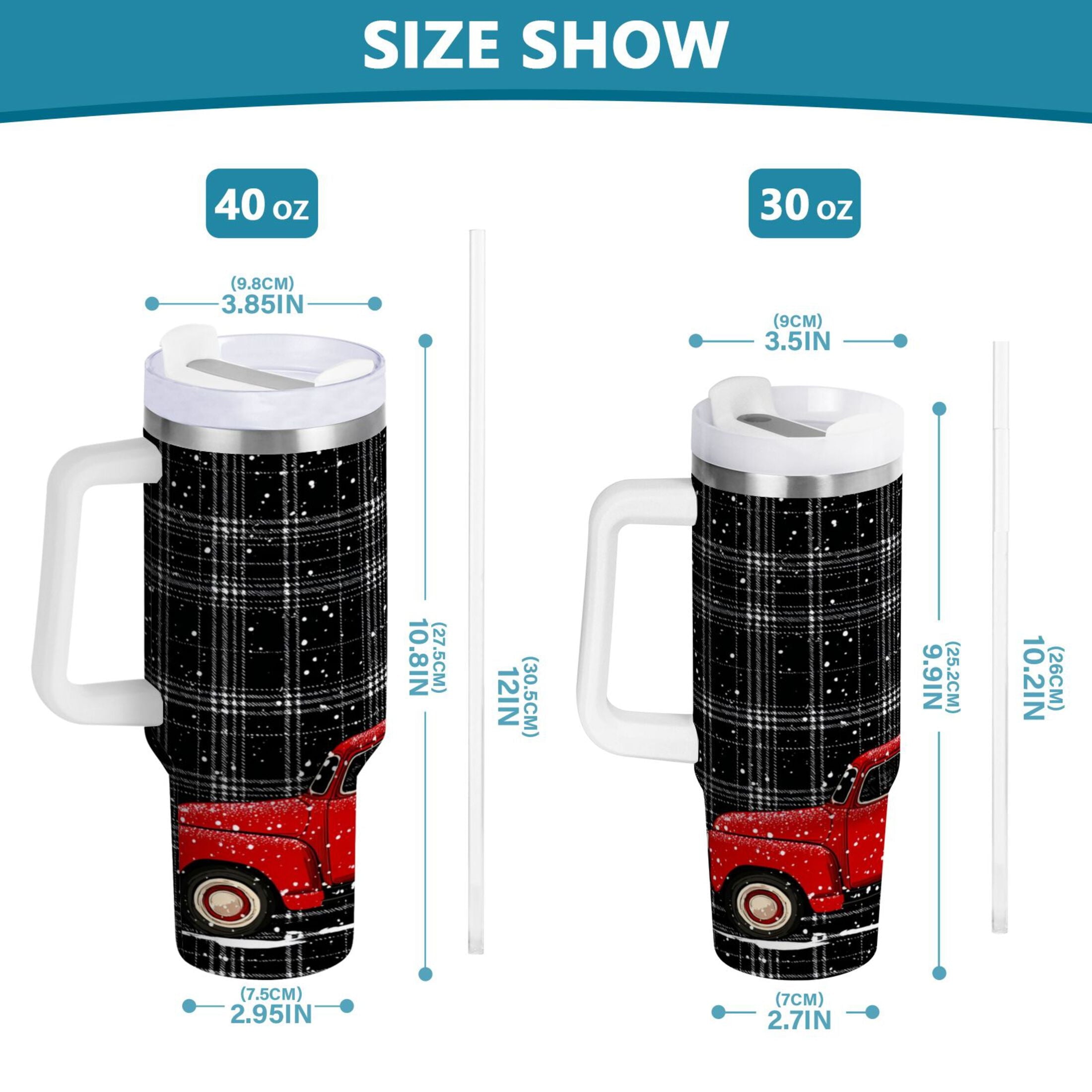 40 oz Insulated Stainless Steel Tumbler Double Wall Stainless Steel Tumbler with 2-Way Drinking Red Truck with Christmas Tree - D5ZO