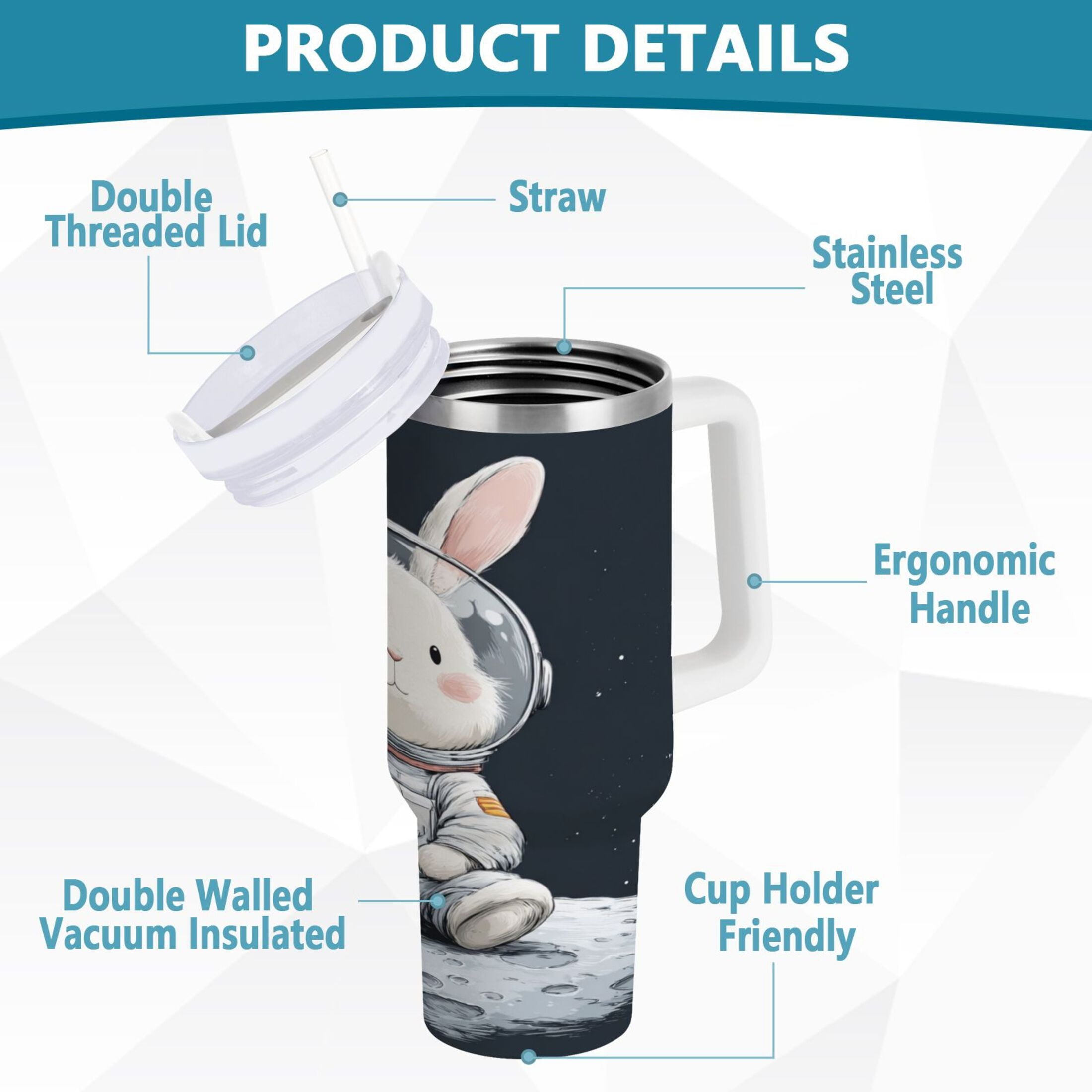 40 oz Insulated Stainless Steel Tumbler Double Wall Stainless Steel Tumbler with 2-Way Drinking Rabbit in A Space - KH24