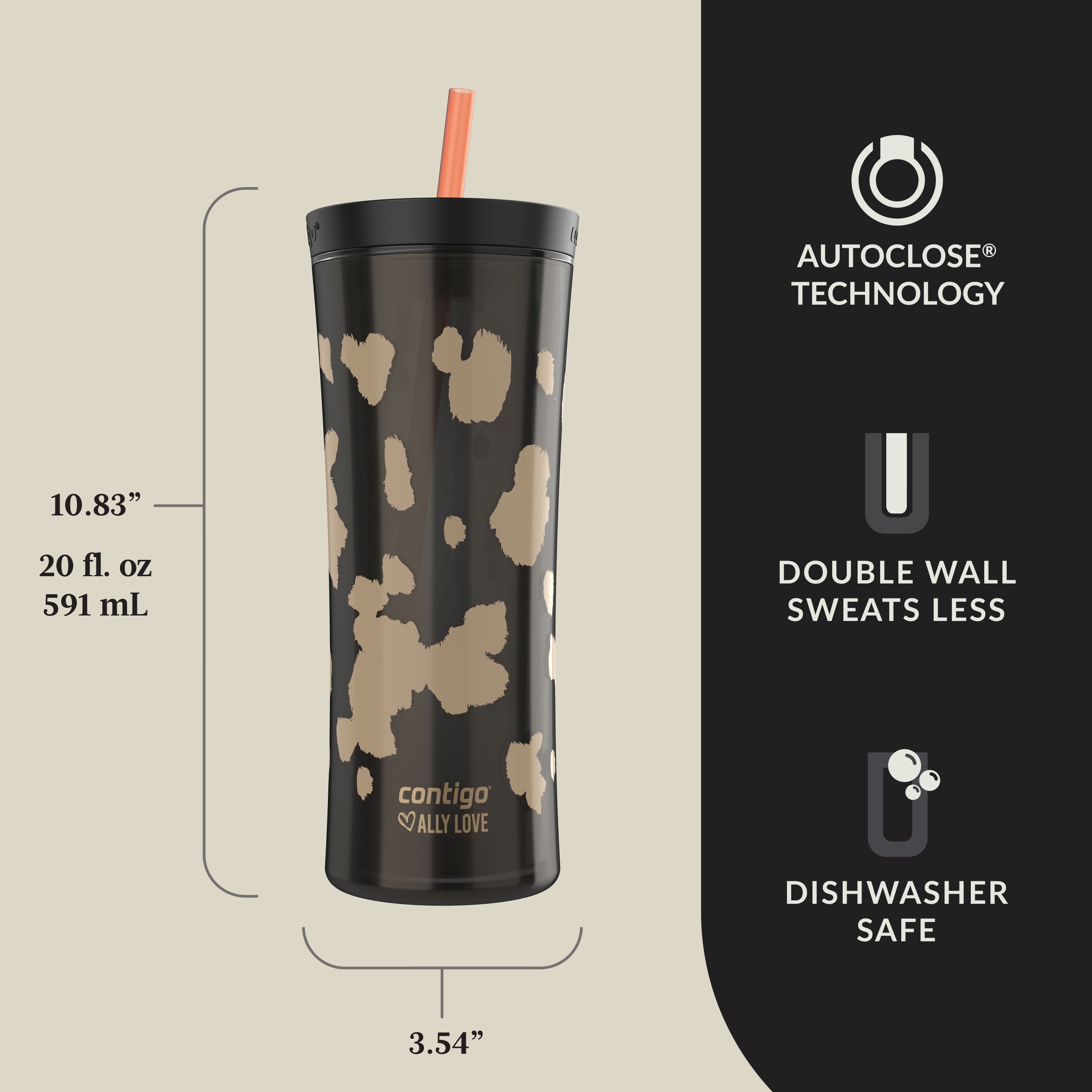 Contigo 20oz Shake &amp; Go Tumbler, Plastic with Straw, Licorice Cowhide Couture - 91FX