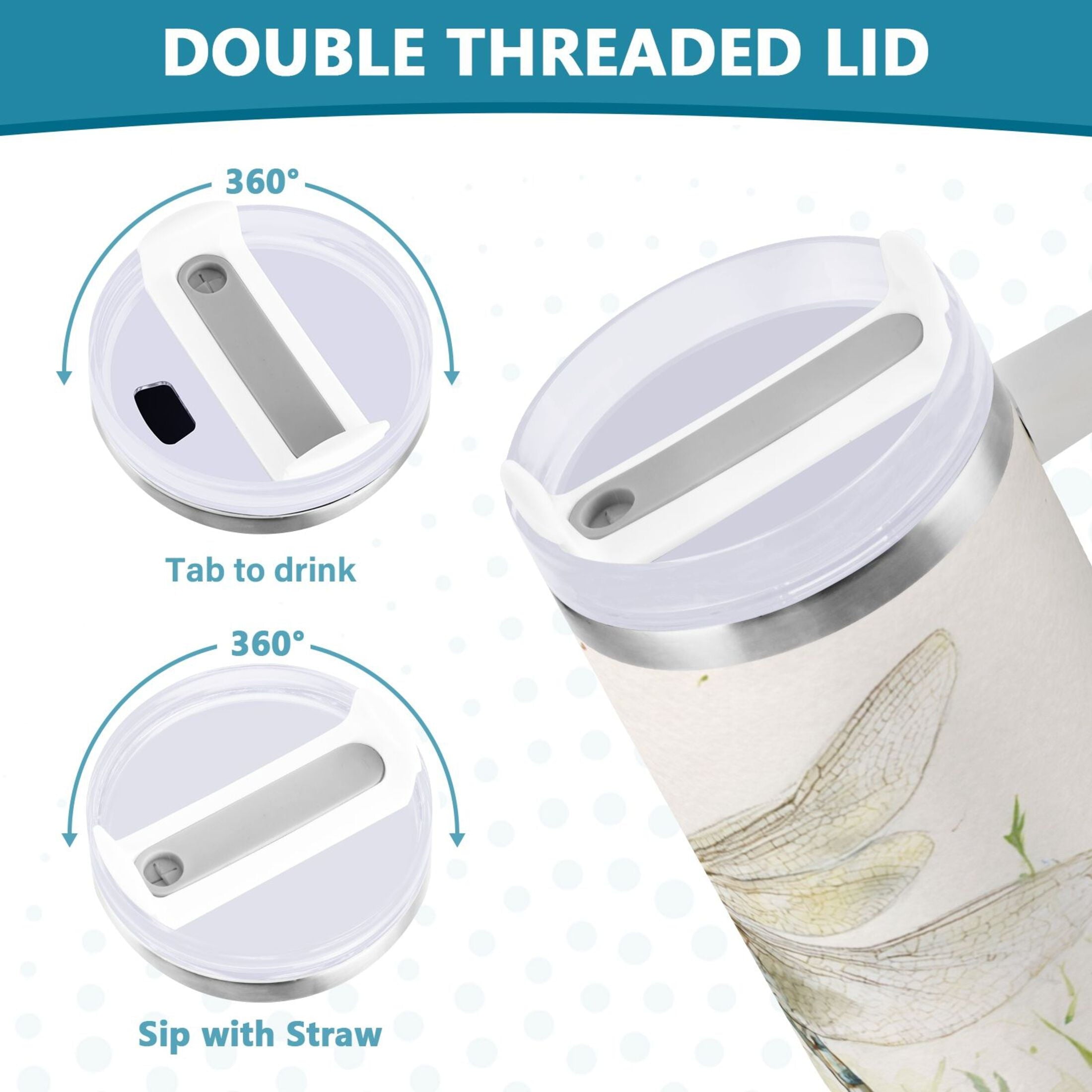 30 oz Insulated Stainless Steel Tumbler Double Wall Stainless Steel Tumbler with 2-Way Drinking Dragonflies with White Daisies - GDM9
