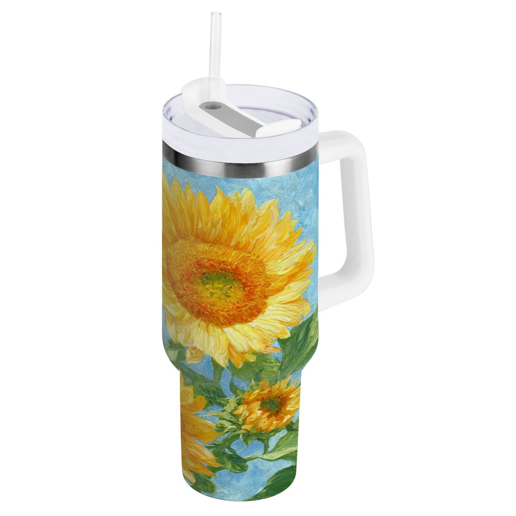 40 oz Insulated Stainless Steel Tumbler Double Wall Stainless Steel Tumbler with 2-Way Drinking Sunflower Oil Painting - CEBN