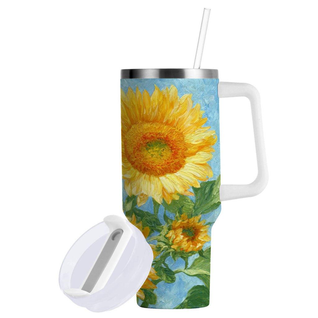 40 oz Insulated Stainless Steel Tumbler Double Wall Stainless Steel Tumbler with 2-Way Drinking Sunflower Oil Painting - CEBN