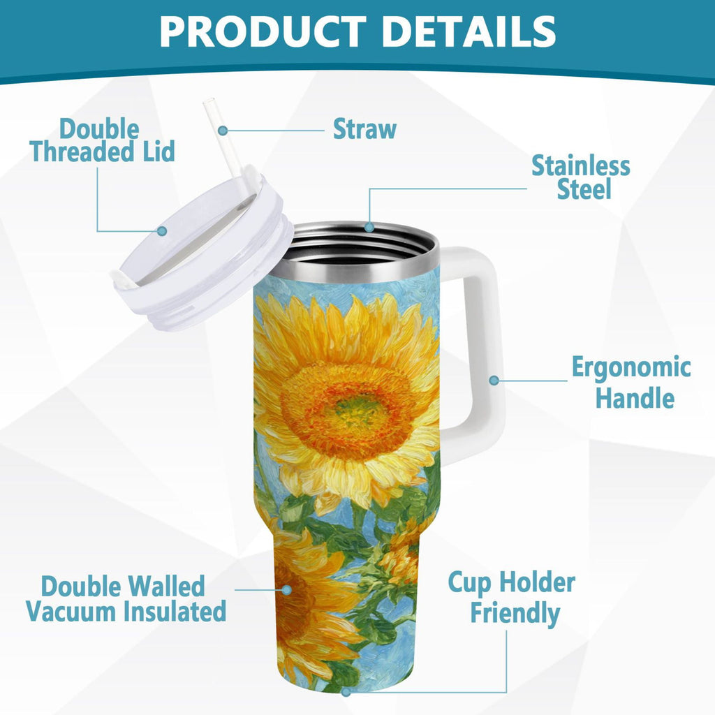 40 oz Insulated Stainless Steel Tumbler Double Wall Stainless Steel Tumbler with 2-Way Drinking Sunflower Oil Painting - CEBN