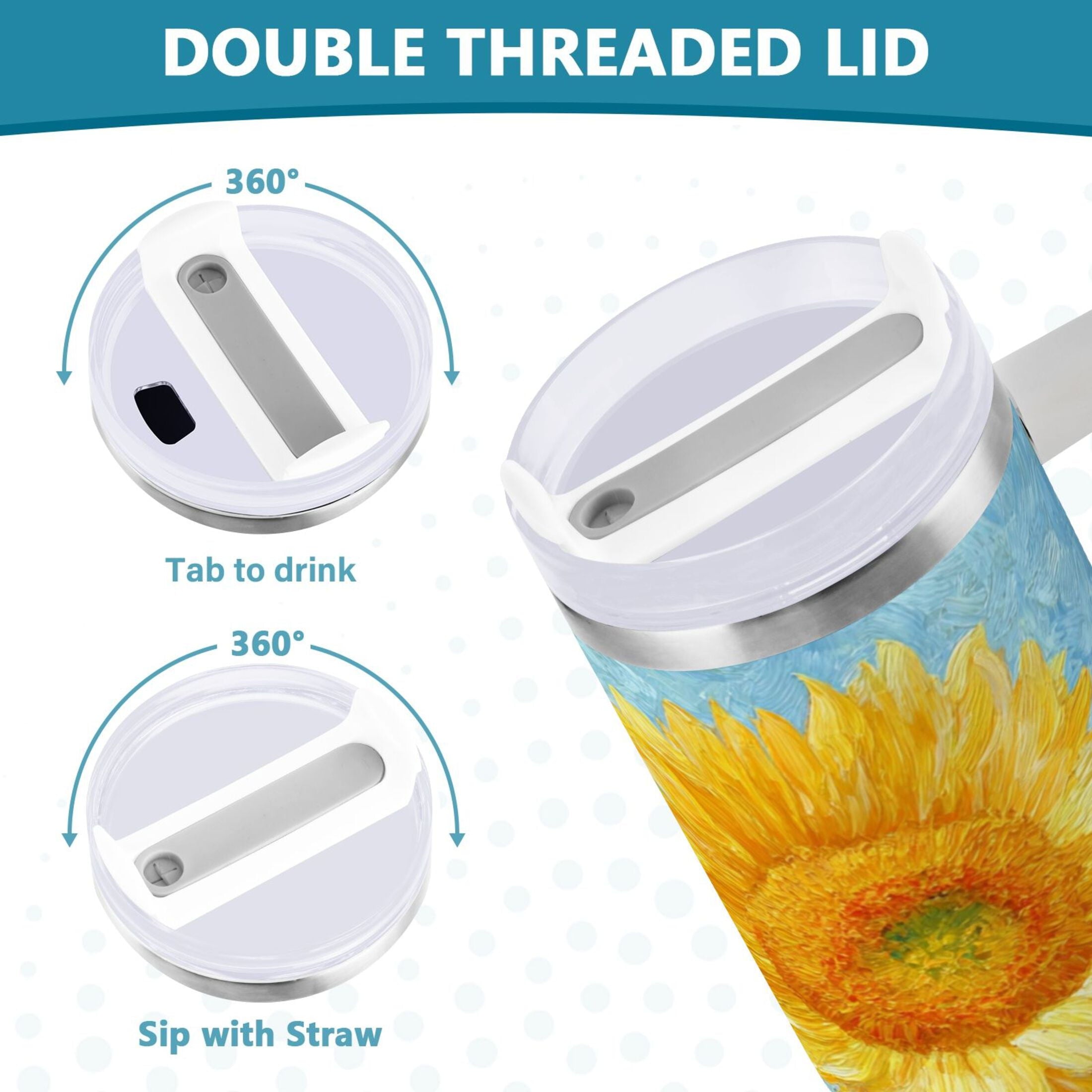 40 oz Insulated Stainless Steel Tumbler Double Wall Stainless Steel Tumbler with 2-Way Drinking Sunflower Oil Painting - CEBN
