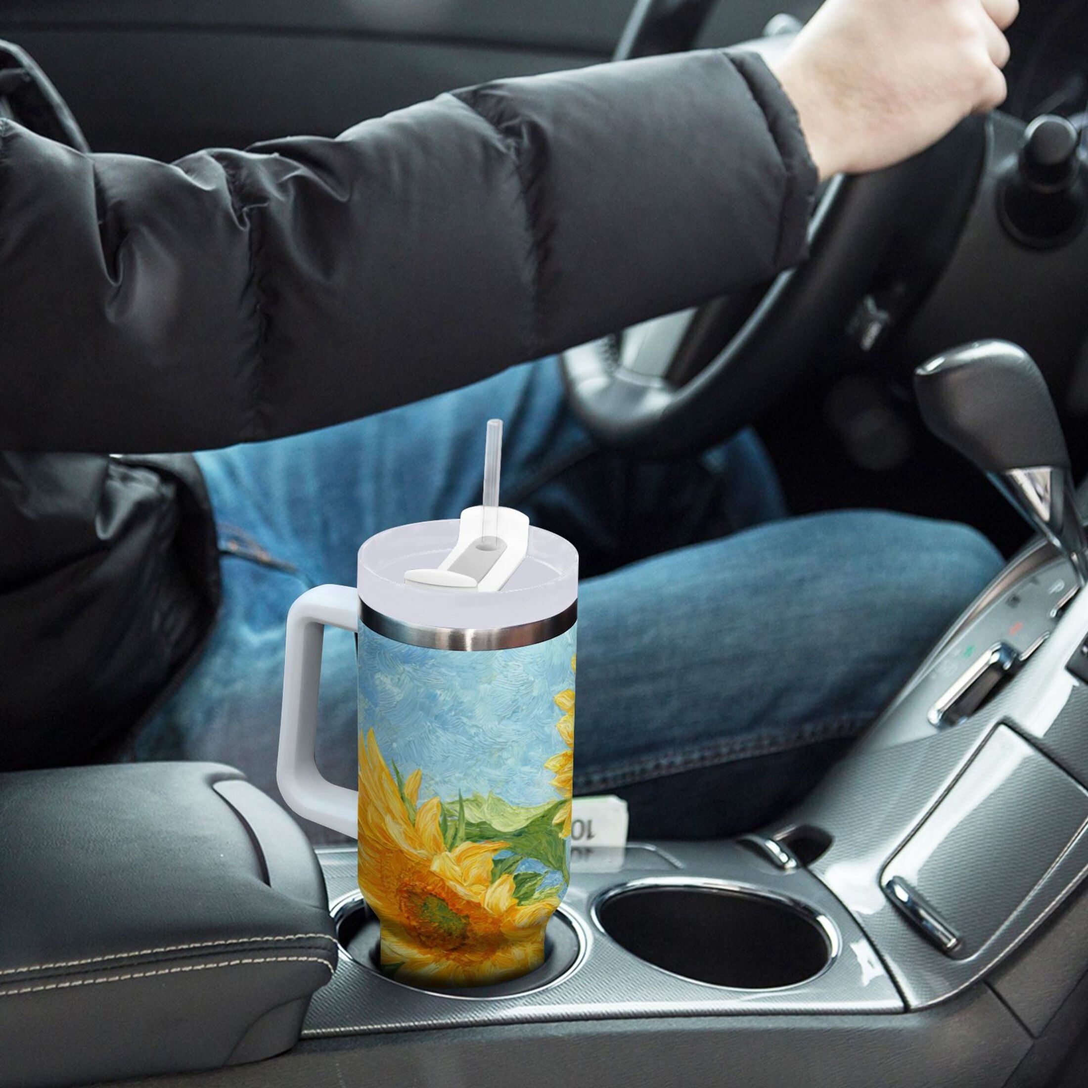 40 oz Insulated Stainless Steel Tumbler Double Wall Stainless Steel Tumbler with 2-Way Drinking Sunflower Oil Painting - CEBN