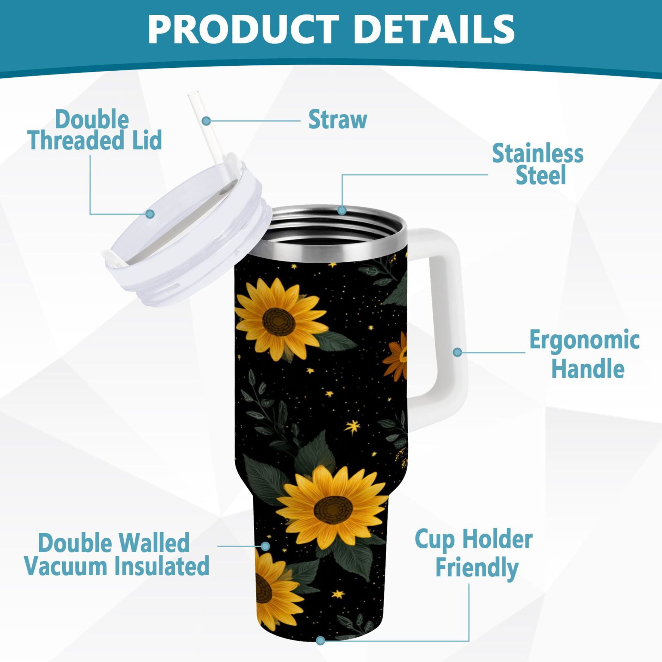 30 oz Insulated Stainless Steel Tumbler Double Wall Stainless Steel Tumbler with 2-Way Drinking Yellow Sunflower Pattern - REZR