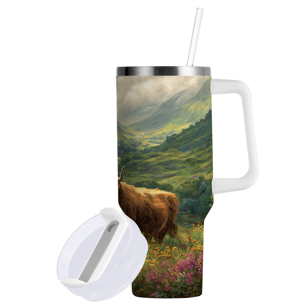 30 oz Insulated Stainless Steel Tumbler Double Wall Stainless Steel Tumbler with 2-Way Drinking Cow in Green Rolling Hills - W34T