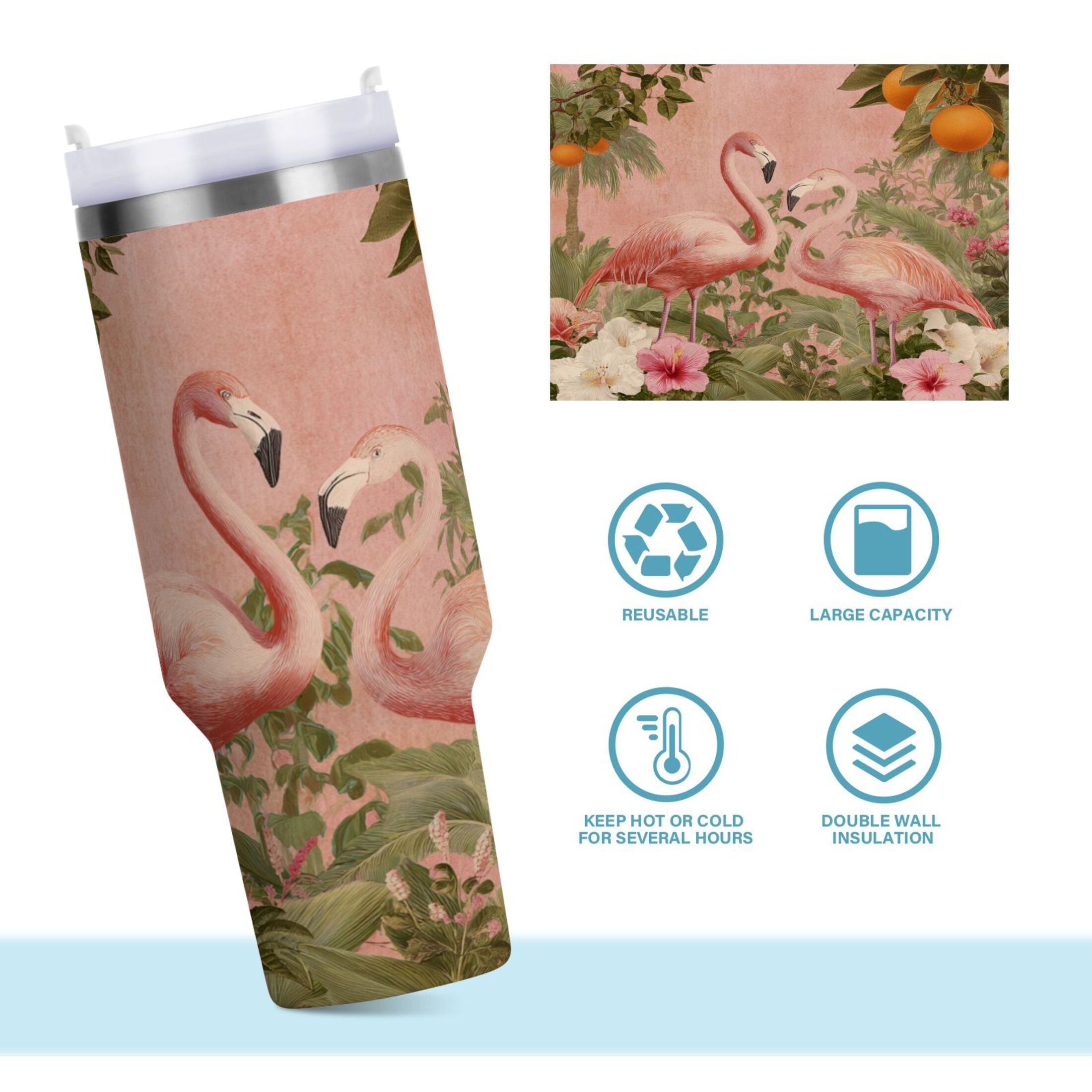 40 oz Insulated Stainless Steel Tumbler Double Wall Stainless Steel Tumbler with 2-Way Drinking Flamingos in Tropical Garden - D7N9