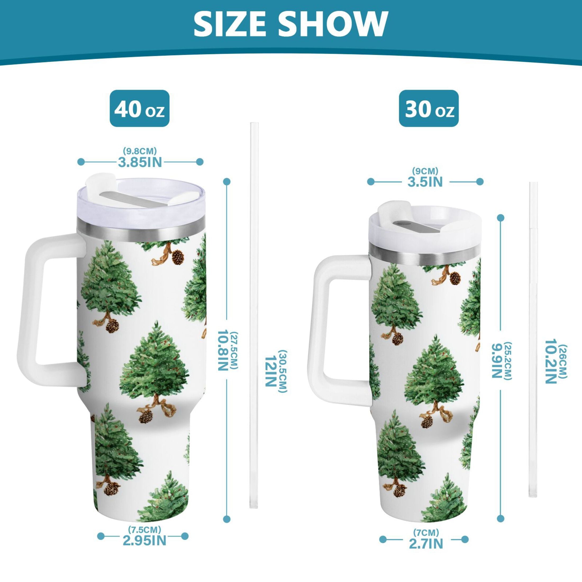 30 oz Insulated Stainless Steel Tumbler Double Wall Stainless Steel Tumbler with 2-Way Drinking Watercolor Green Christmas Tree - QM25