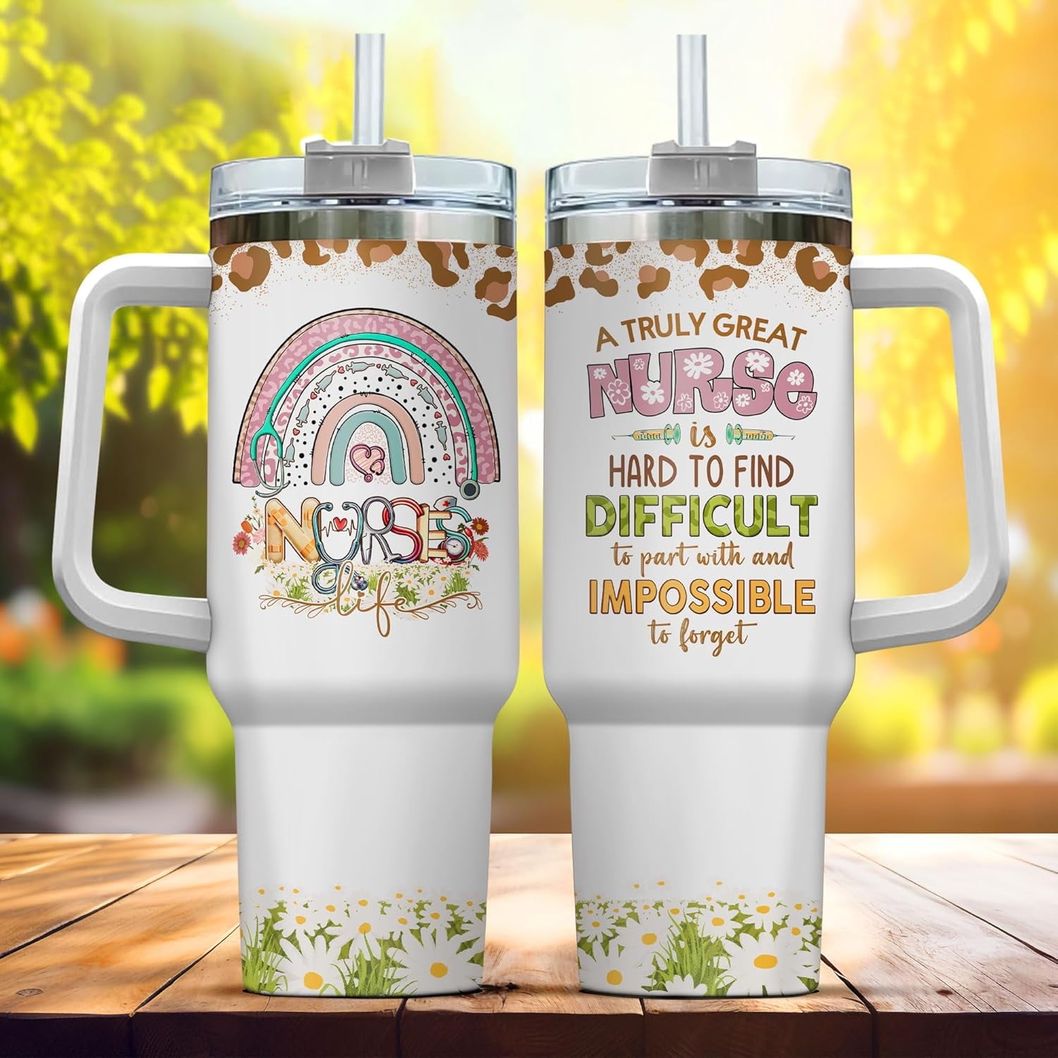 Tumbler 40 Oz With Handle Lid And Straw, Nurse Gifts, Black Camo White Engraved Print Travel Nurses Tumblers Handle Funny Cups Nursing For, Great Nurse Rainbow Daisy Flower - 6ZUO