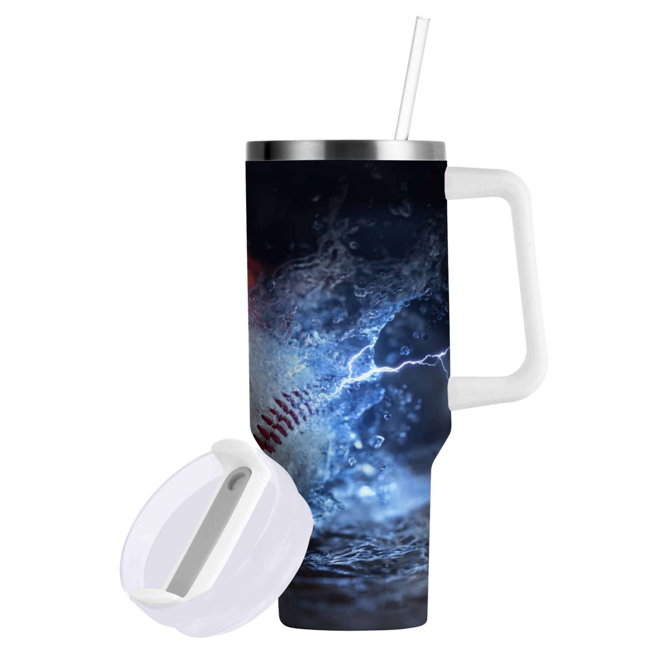 40 oz Insulated Stainless Steel Tumbler Double Wall Stainless Steel Tumbler with 2-Way Drinking Baseball with Water and Fire - MUV8