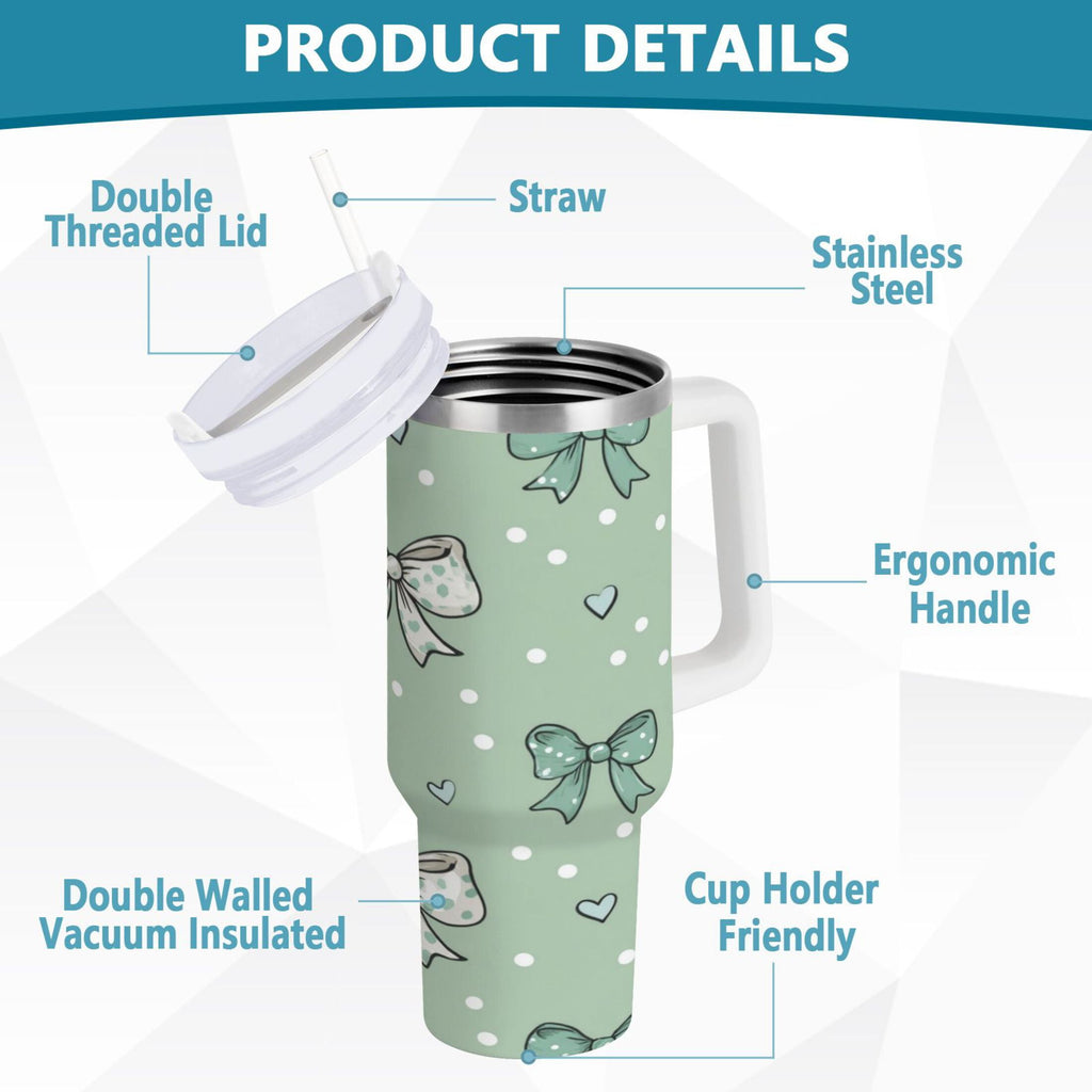 30 oz Insulated Stainless Steel Tumbler Double Wall Stainless Steel Tumbler with 2-Way Drinking Green and Mint Bows - 8F8C