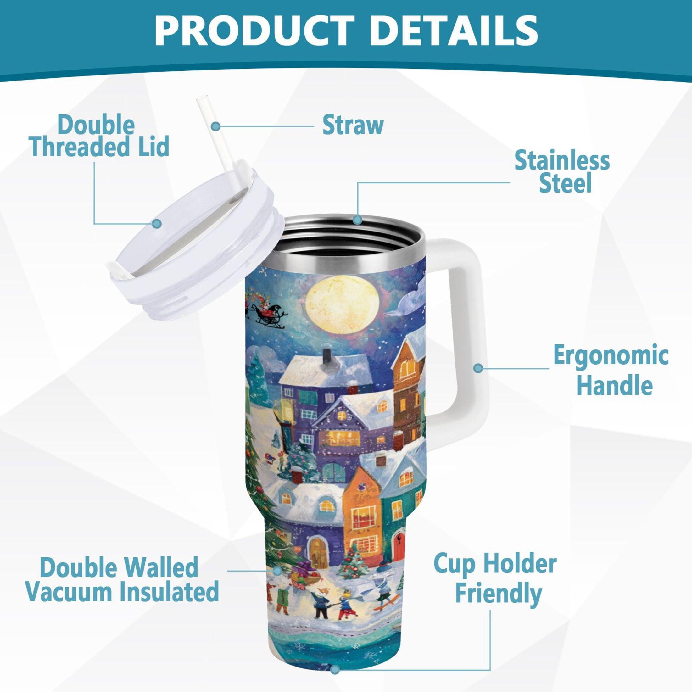 30 oz Insulated Stainless Steel Tumbler Double Wall Stainless Steel Tumbler with 2-Way Drinking Charming Christmas Scene - T84I