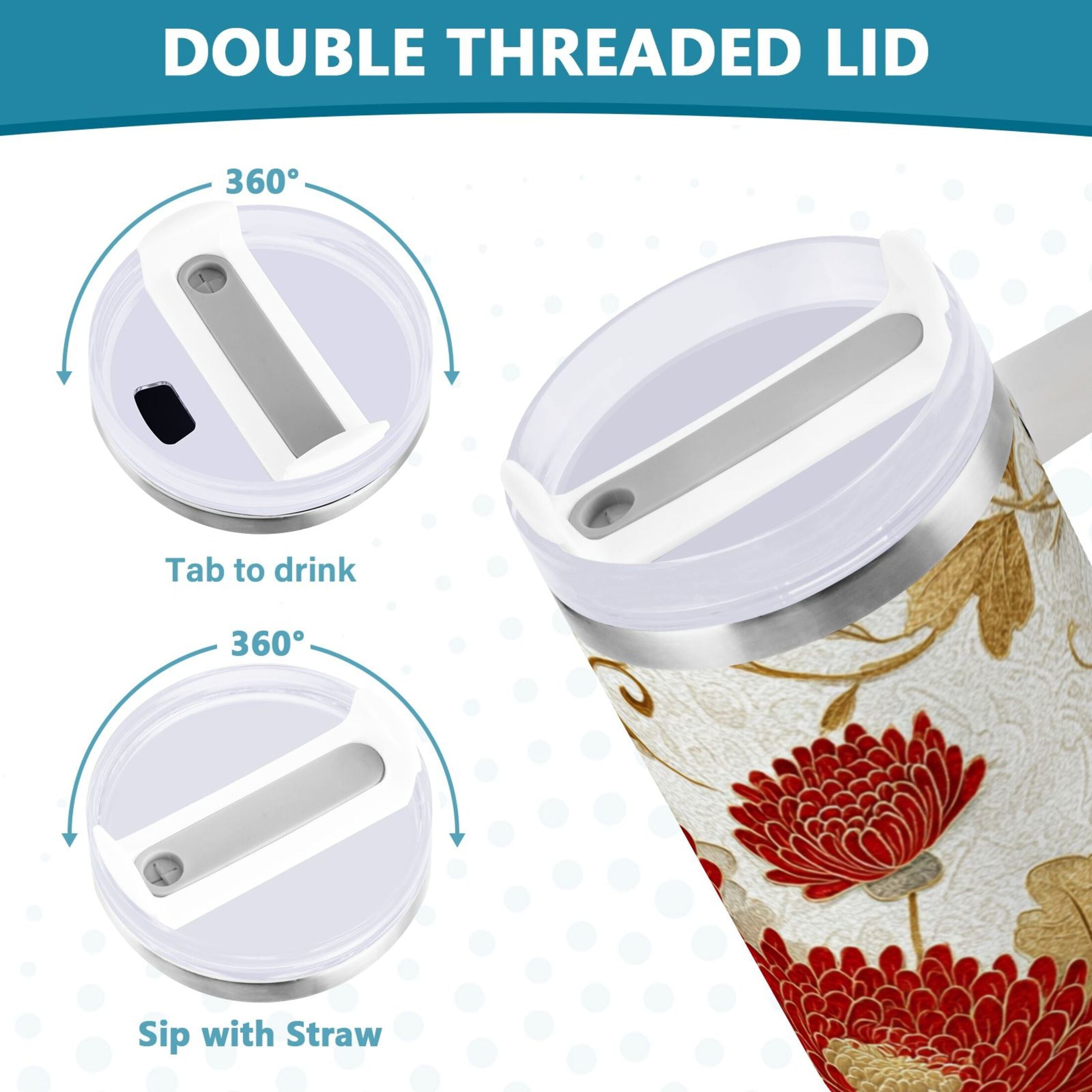 30 oz Insulated Stainless Steel Tumbler Double Wall Stainless Steel Tumbler with 2-Way Drinking Red Chrysanthemum Pattern - BLDC