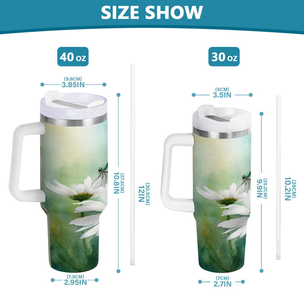 30 oz Insulated Stainless Steel Tumbler Double Wall Stainless Steel Tumbler with 2-Way Drinking Beautiful Dragonflies and Daisies - GLPX