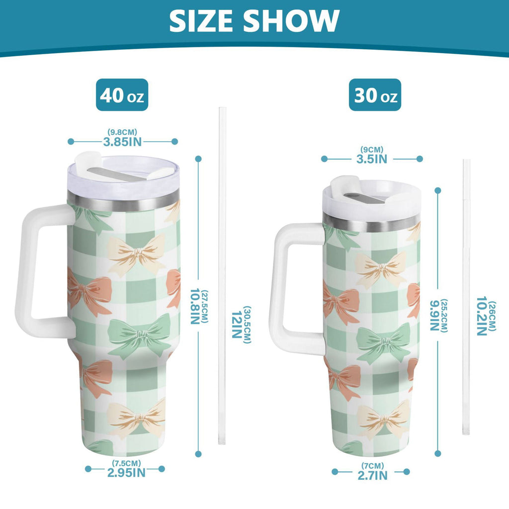 40 oz Insulated Stainless Steel Tumbler Double Wall Stainless Steel Tumbler with 2-Way Drinking Green and Peach Bow Pattern - A16O