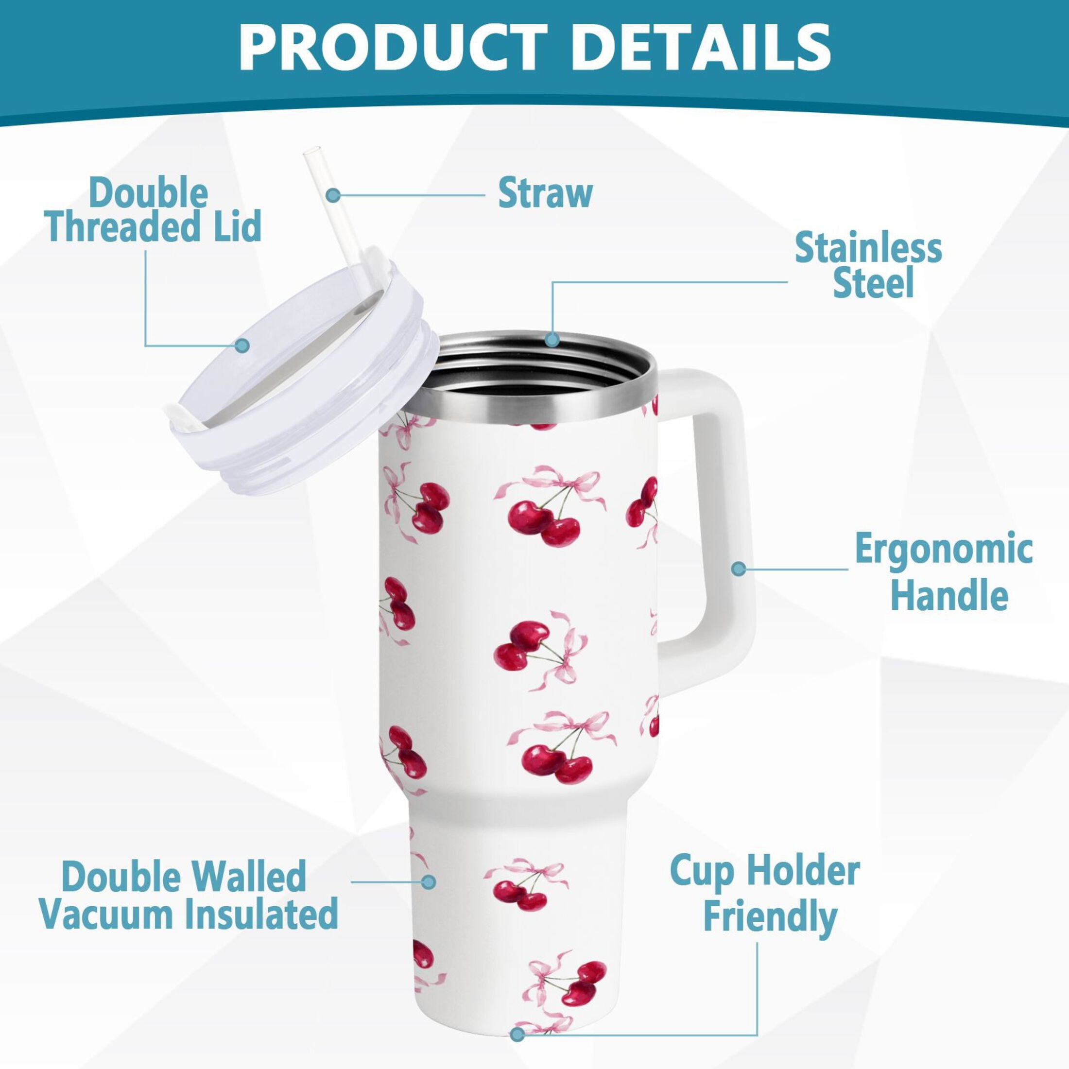 30 oz Insulated Stainless Steel Tumbler Double Wall Stainless Steel Tumbler with 2-Way Drinking Watercolor Cherries Pattern - DDDW