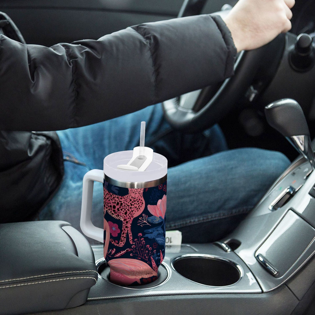 30 oz Insulated Stainless Steel Tumbler Double Wall Stainless Steel Tumbler with 2-Way Drinking Flamingos and Leopard Print - 41BW