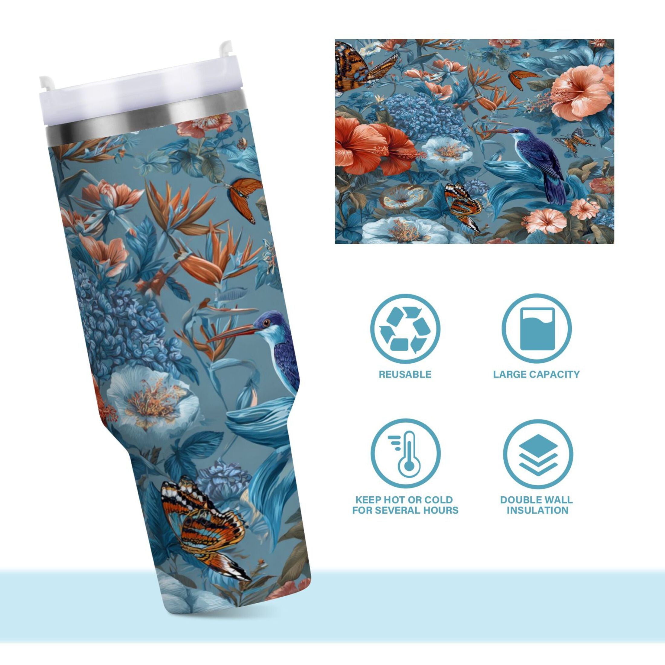30 oz Insulated Stainless Steel Tumbler Double Wall Stainless Steel Tumbler with 2-Way Drinking Birds and Flowers - N6J0