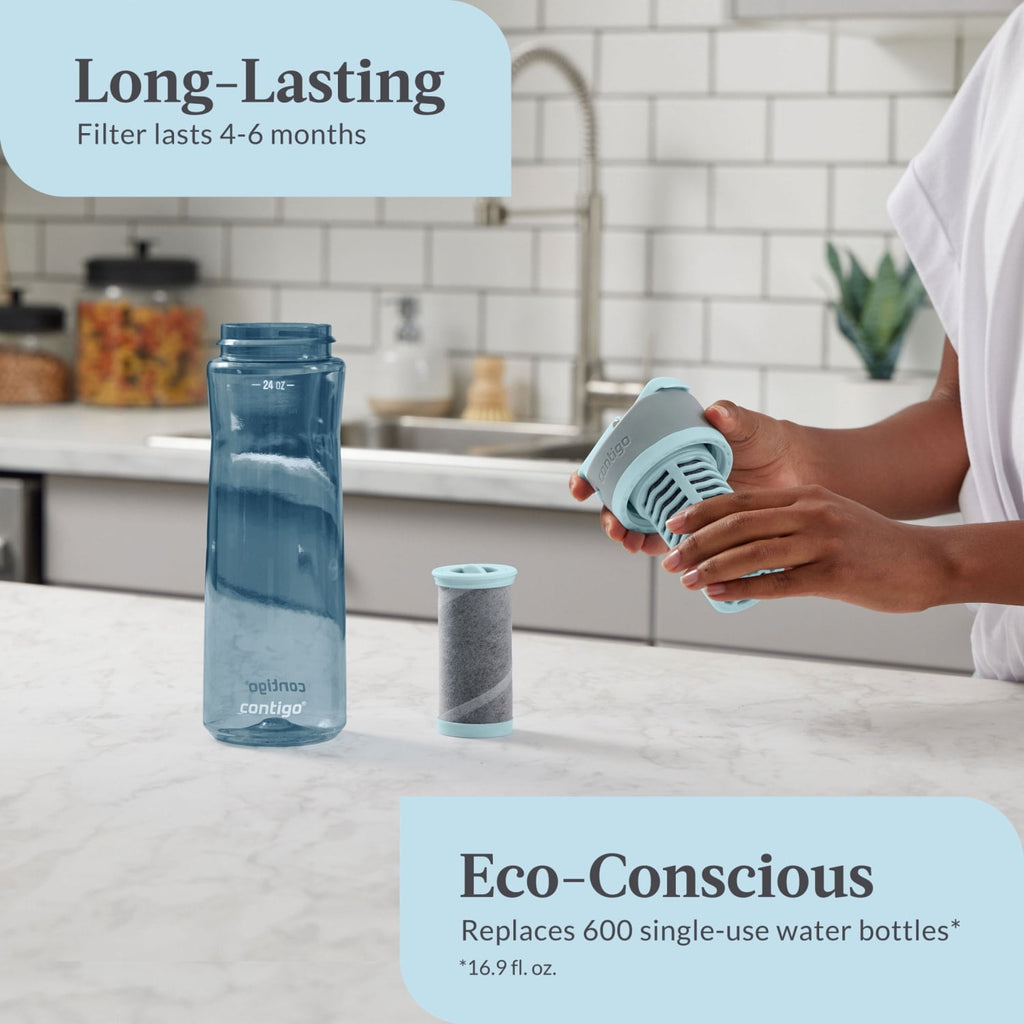 (2 pack) Contigo Clybourn Plastic FreeFlow Filter Water Bottle with AUTOSEAL Lid 24 oz., Dark Ice, with Replacable Filter - HGCF
