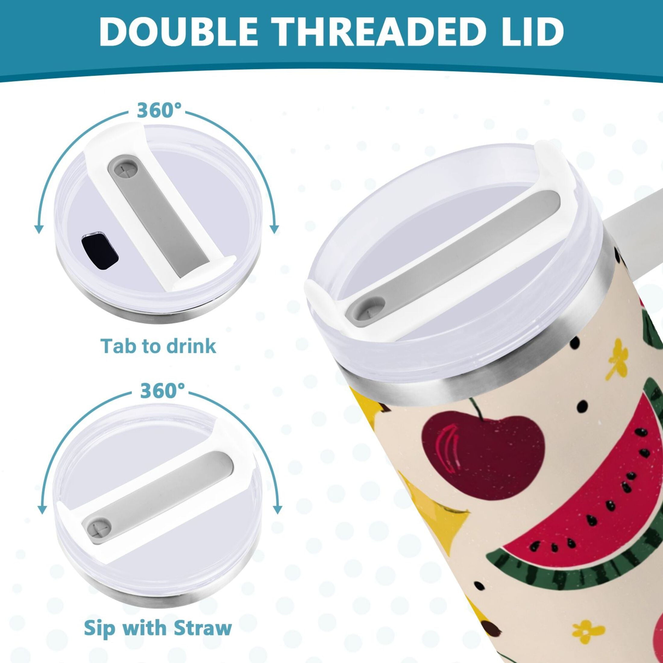 30 oz Insulated Stainless Steel Tumbler Double Wall Stainless Steel Tumbler with 2-Way Drinking Watermelon and Cherries - YK54
