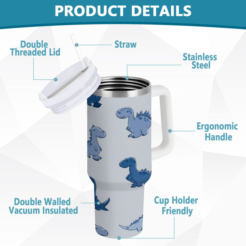 30 oz Insulated Stainless Steel Tumbler Double Wall Stainless Steel Tumbler with 2-Way Drinking Cute Blue Dinosaurs - E369
