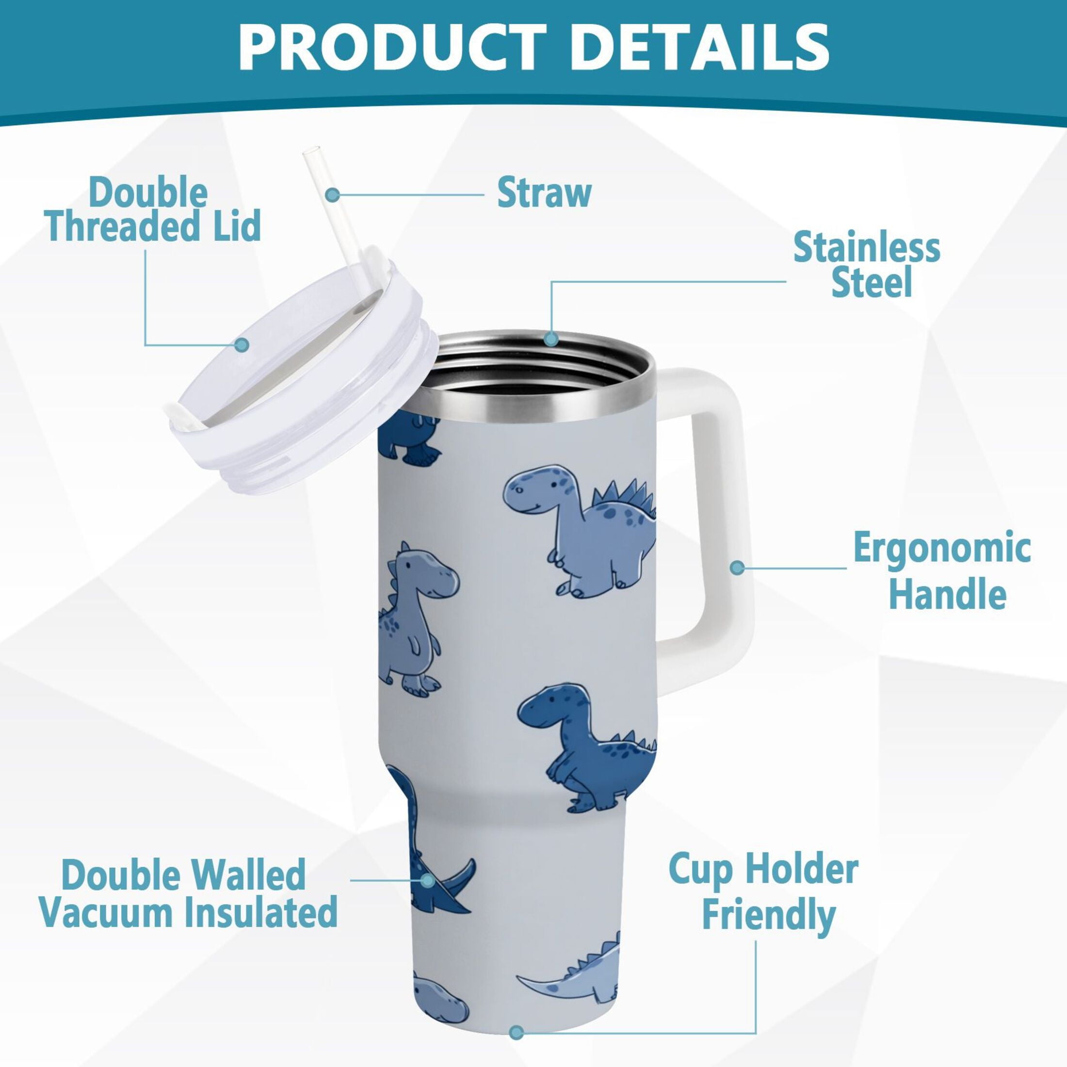 30 oz Insulated Stainless Steel Tumbler Double Wall Stainless Steel Tumbler with 2-Way Drinking Cute Blue Dinosaurs - E369