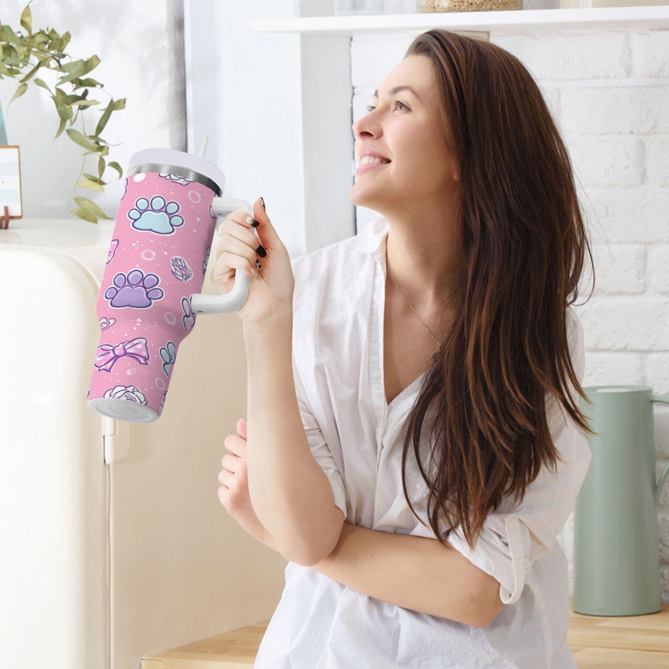 30 oz Insulated Stainless Steel Tumbler Double Wall Stainless Steel Tumbler with 2-Way Drinking Dog Paw Prints and Bows - F7K9