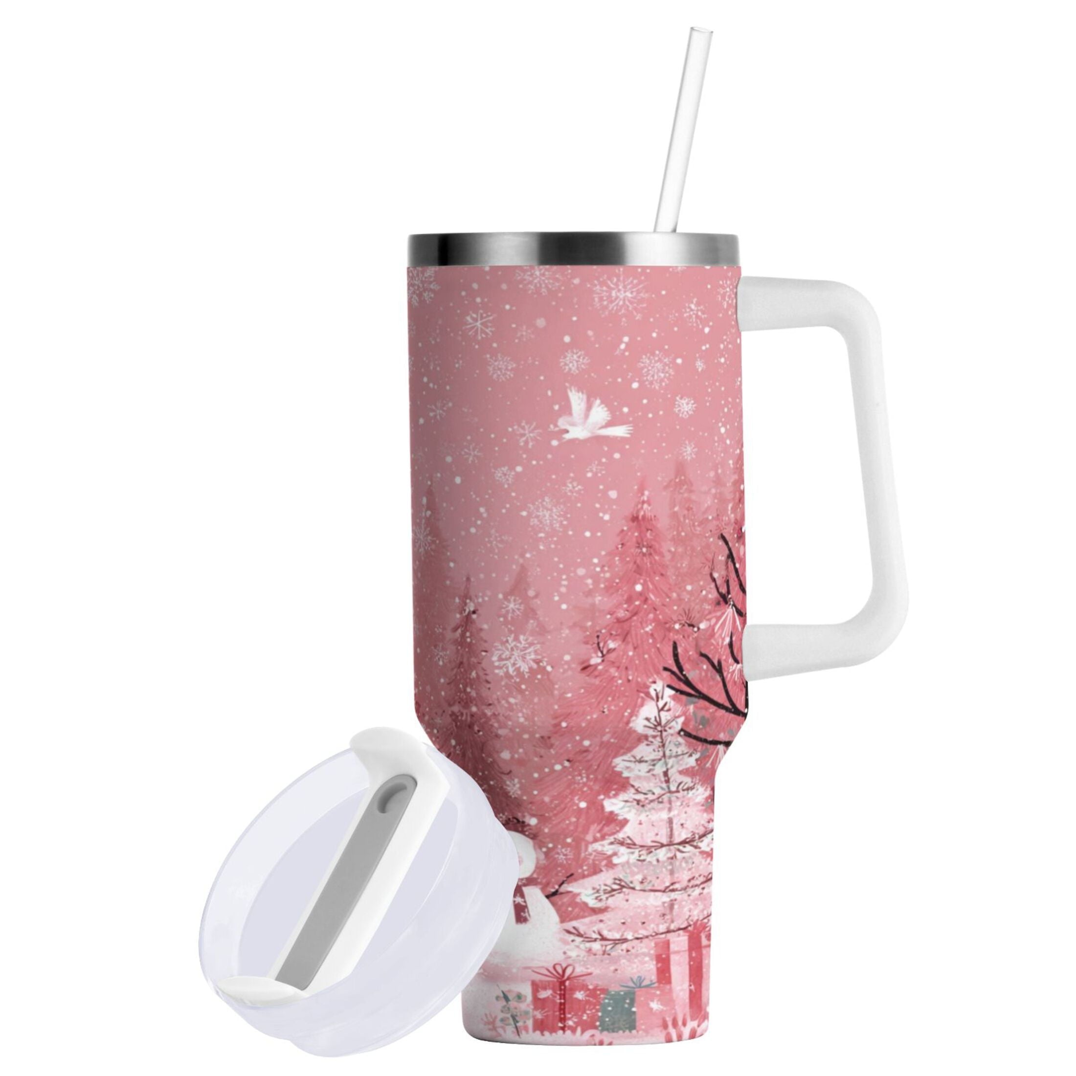 40 oz Insulated Stainless Steel Tumbler Double Wall Stainless Steel Tumbler with 2-Way Drinking Christmas Forest with Snowmen - FKZ4