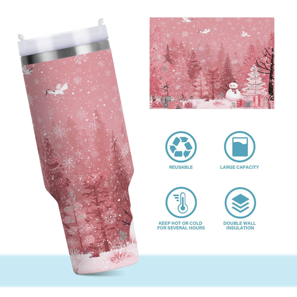 40 oz Insulated Stainless Steel Tumbler Double Wall Stainless Steel Tumbler with 2-Way Drinking Christmas Forest with Snowmen - FKZ4