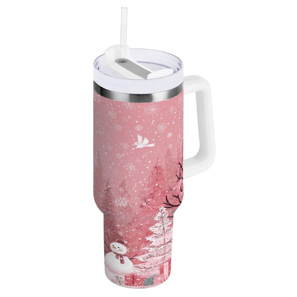40 oz Insulated Stainless Steel Tumbler Double Wall Stainless Steel Tumbler with 2-Way Drinking Christmas Forest with Snowmen - FKZ4