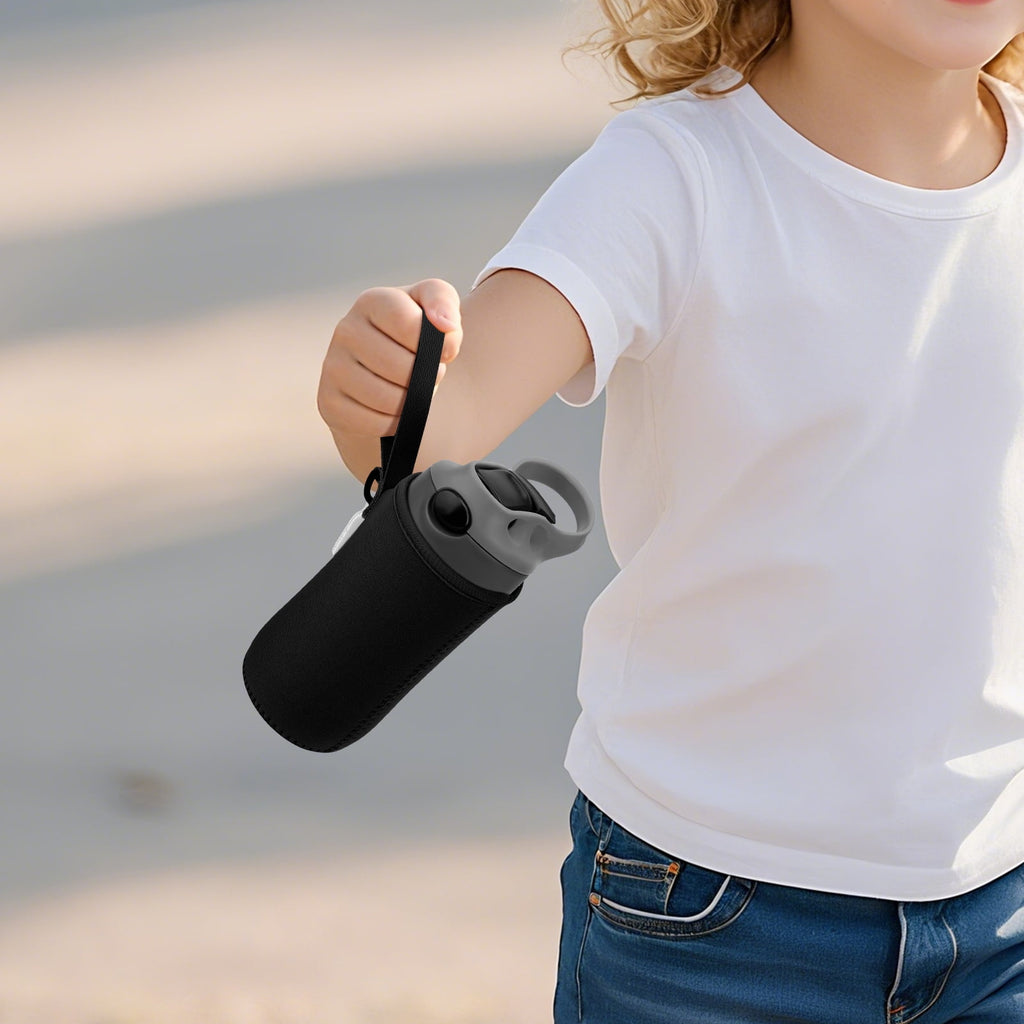 Linkidea Water Bottle Sleeve Compatible with Contigo Aubrey Tritan 14oz, Steel 13oz Kids Bottle, Waterbottle Holder Bag with Name Tag, Black - 8CQ5