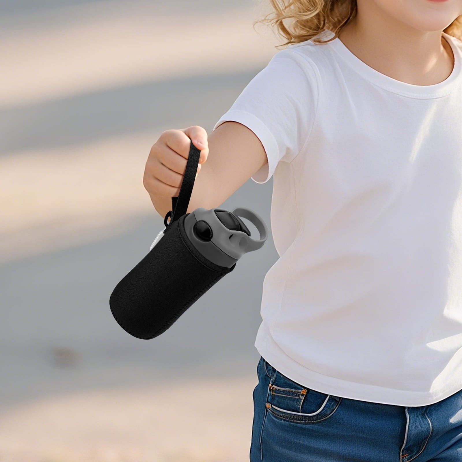 Linkidea Water Bottle Sleeve Compatible with Contigo Aubrey Tritan 14oz, Steel 13oz Kids Bottle, Waterbottle Holder Bag with Name Tag, Black - 8CQ5
